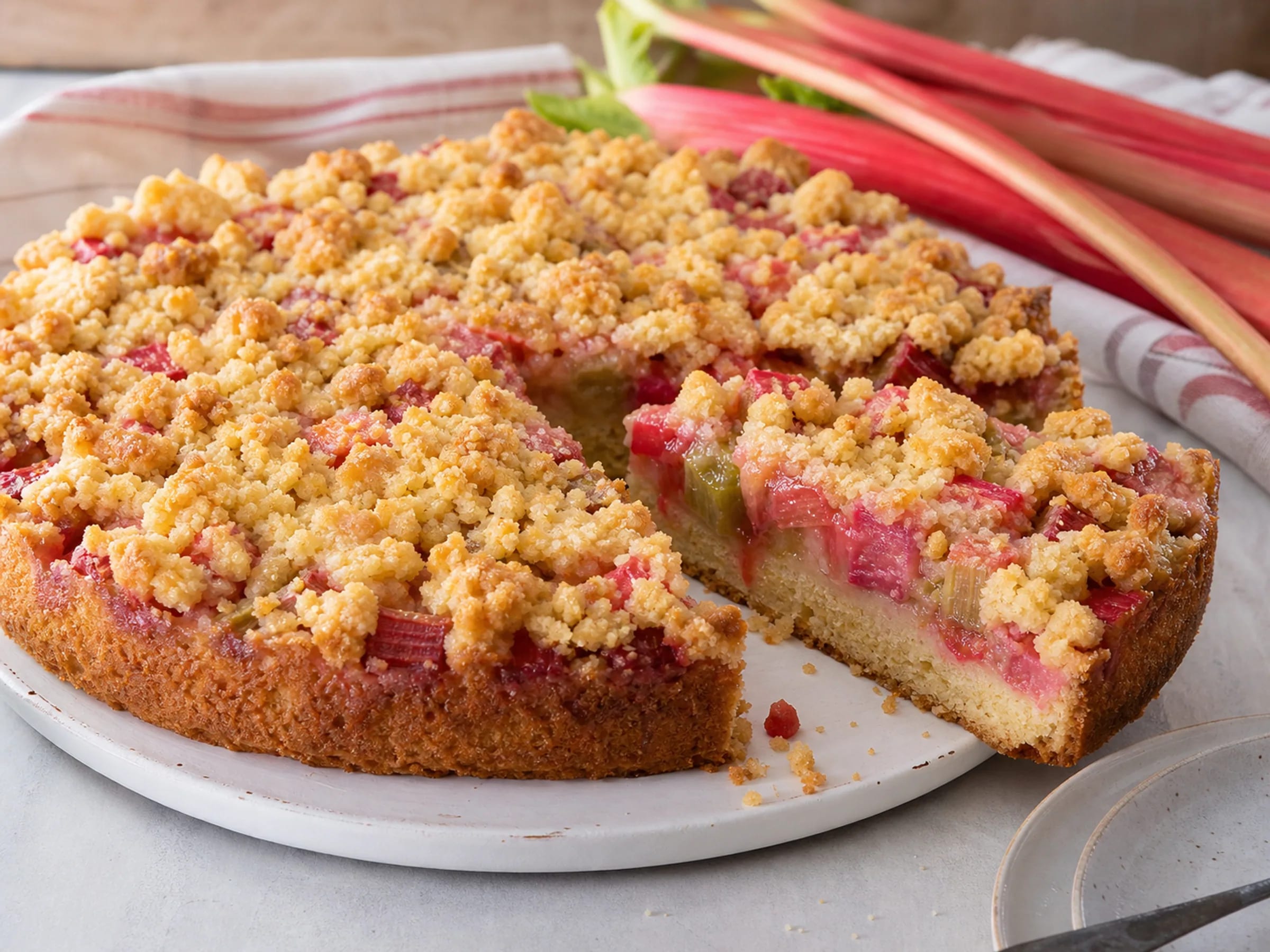 Rhabarber-Streuselkuchen mit goldbraunen Butterstreuseln und angeschnittenem Stück