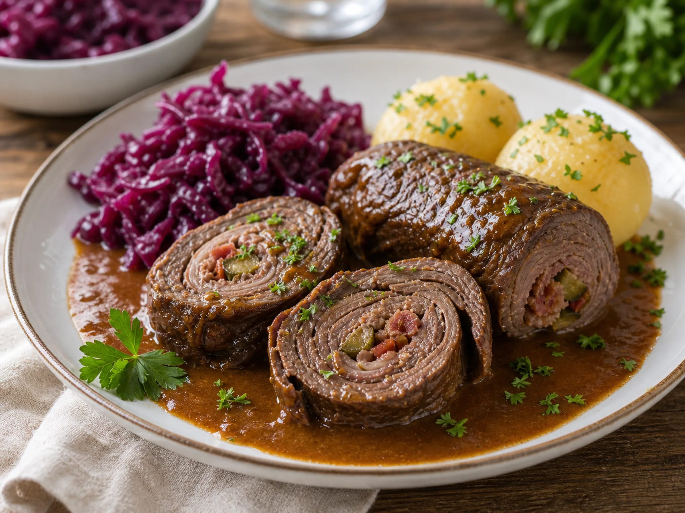 Klassische Rinderrouladen in brauner Sauce mit sichtbarer Füllung auf dem Teller