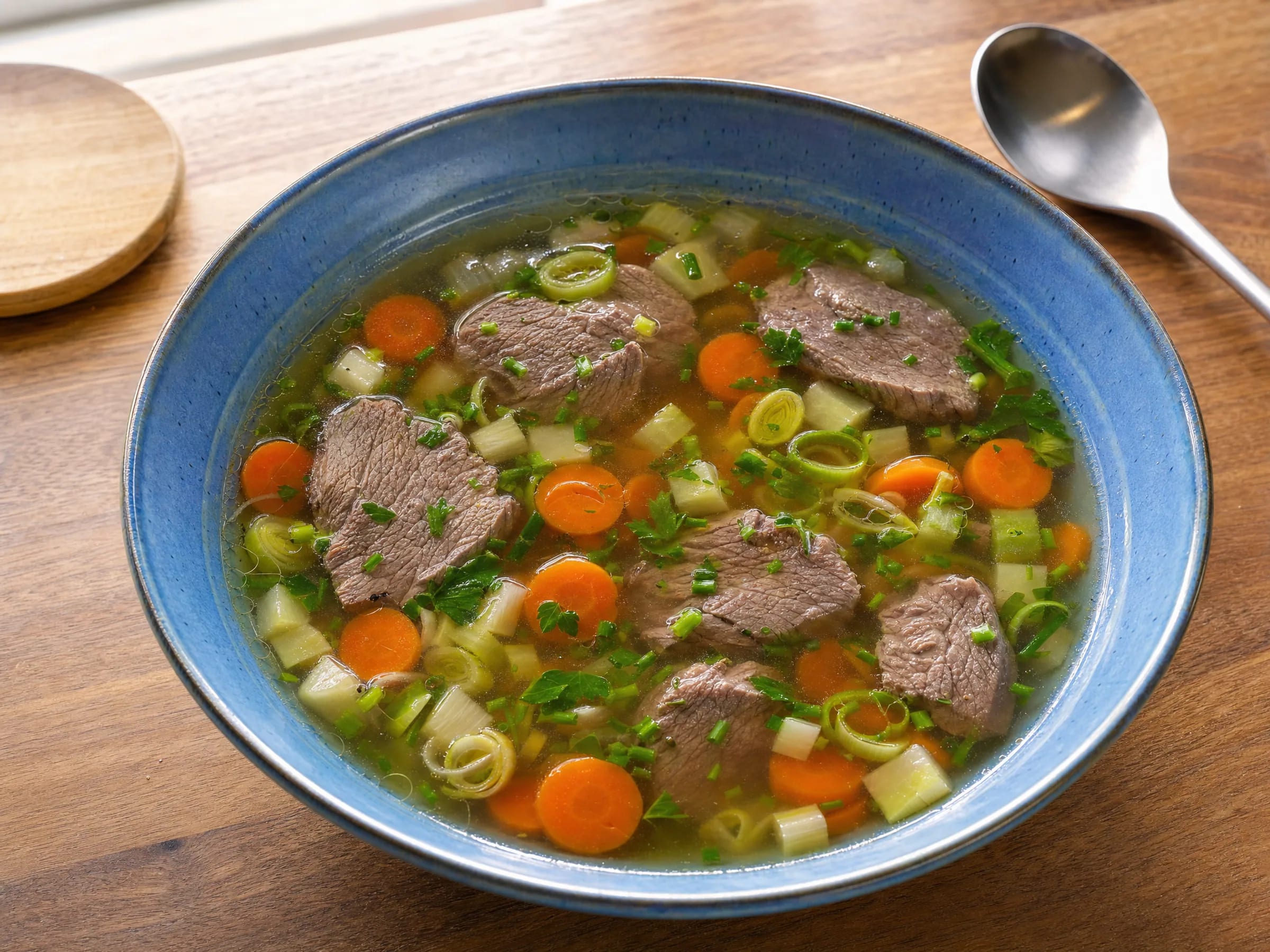 Rindfleischsuppe mit Beinscheibe fertig angerichtet