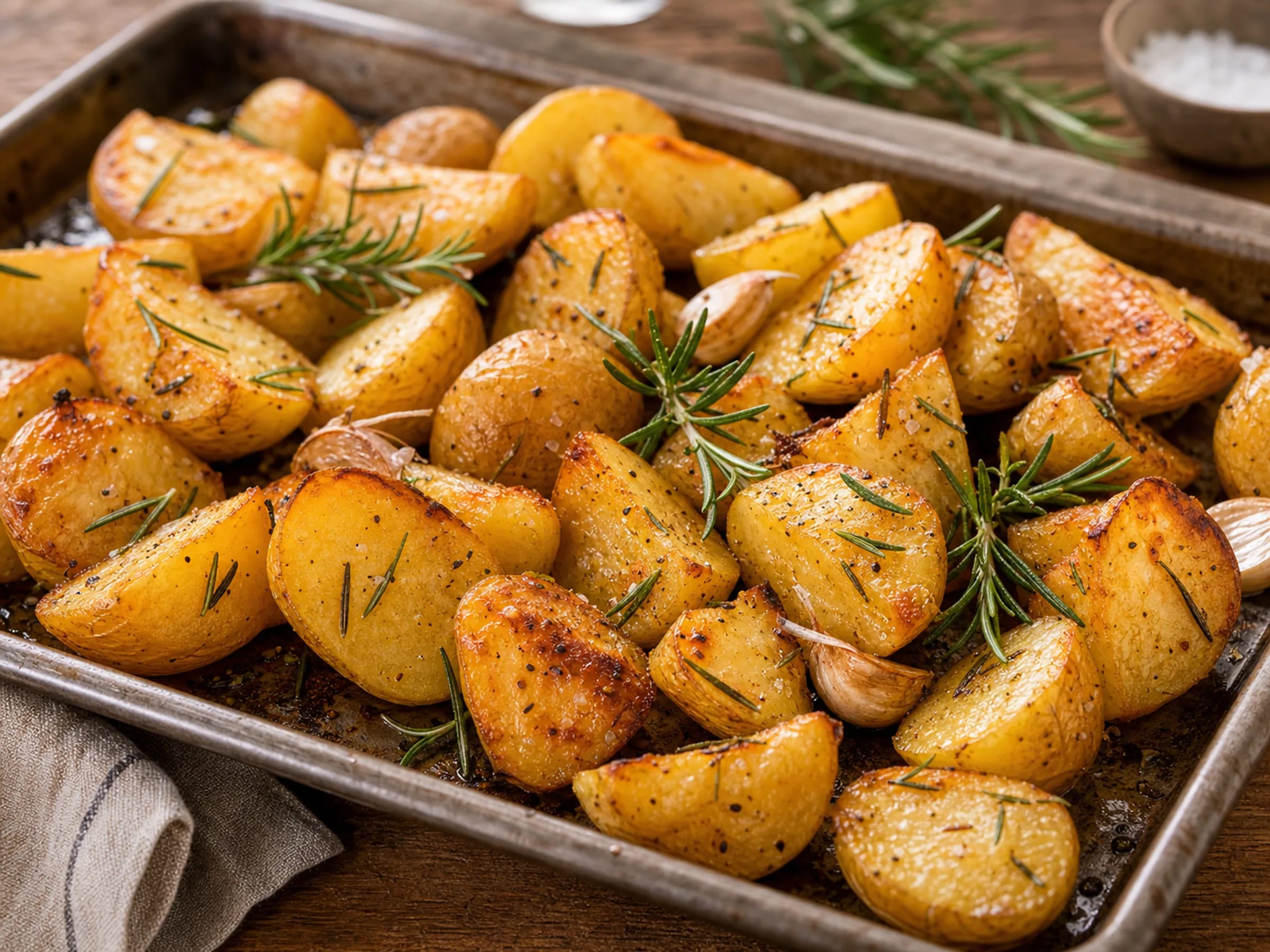 Goldbraune Rosmarinkartoffeln aus dem Ofen mit Knoblauch und Zitronenschale