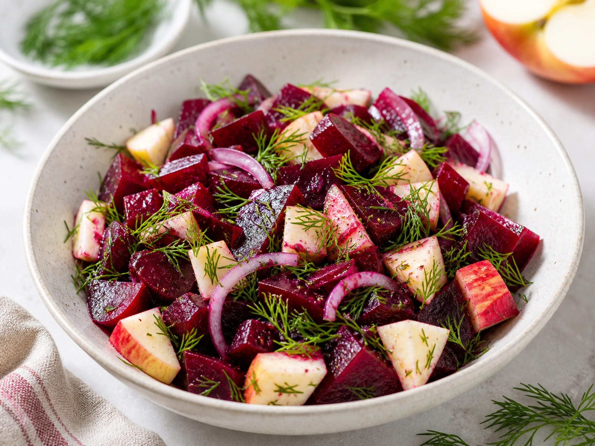 Rote-Bete-Salat mit Apfel, Dill, Rucola und Kürbiskernen auf einem Teller