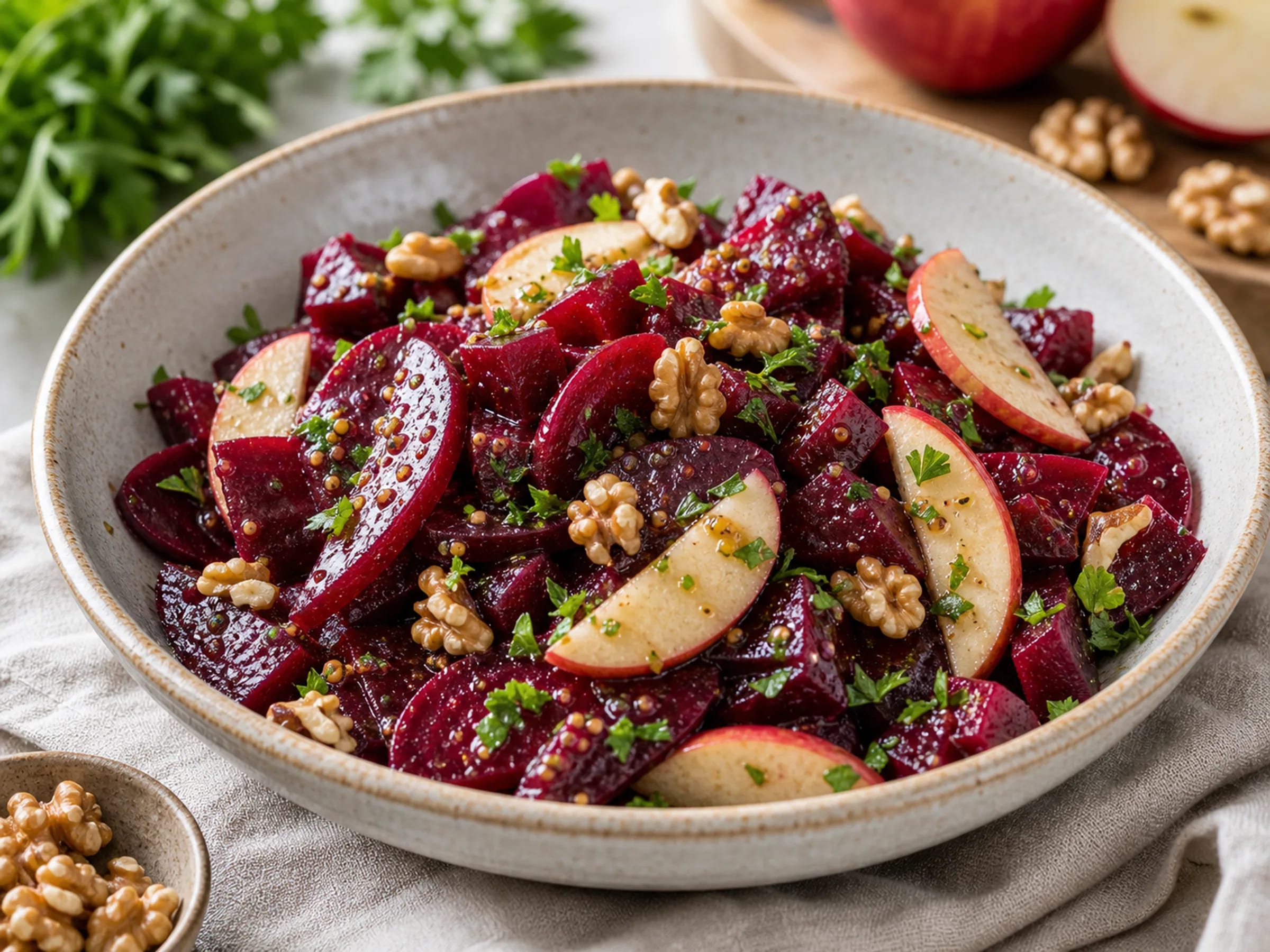 Rote-Bete-Salat mit Apfelstücken, Walnüssen und Petersilie auf einem Teller