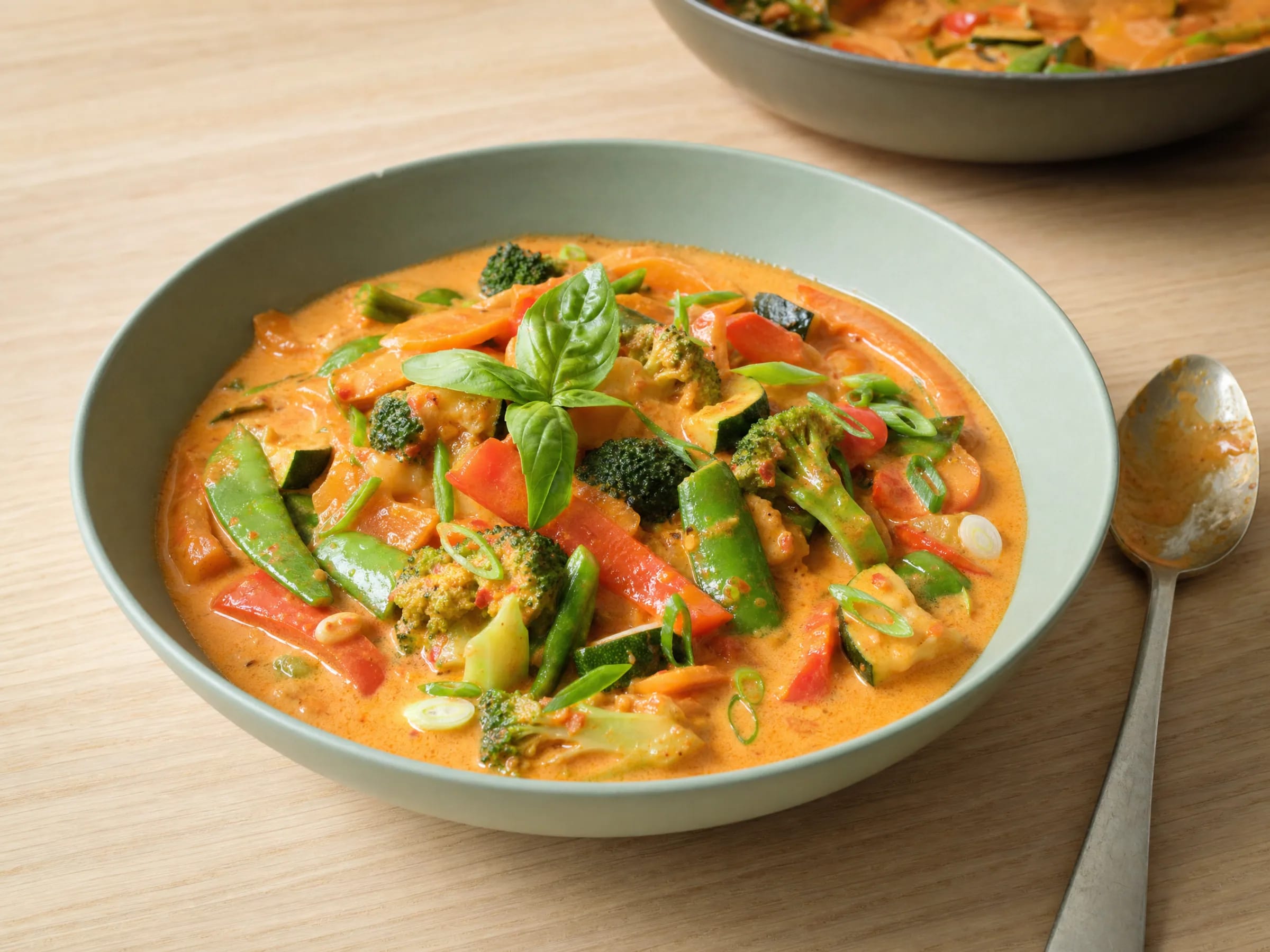 Rotes Thai-Gemüsecurry mit Kokosmilch und roter Currypaste fertig angerichtet