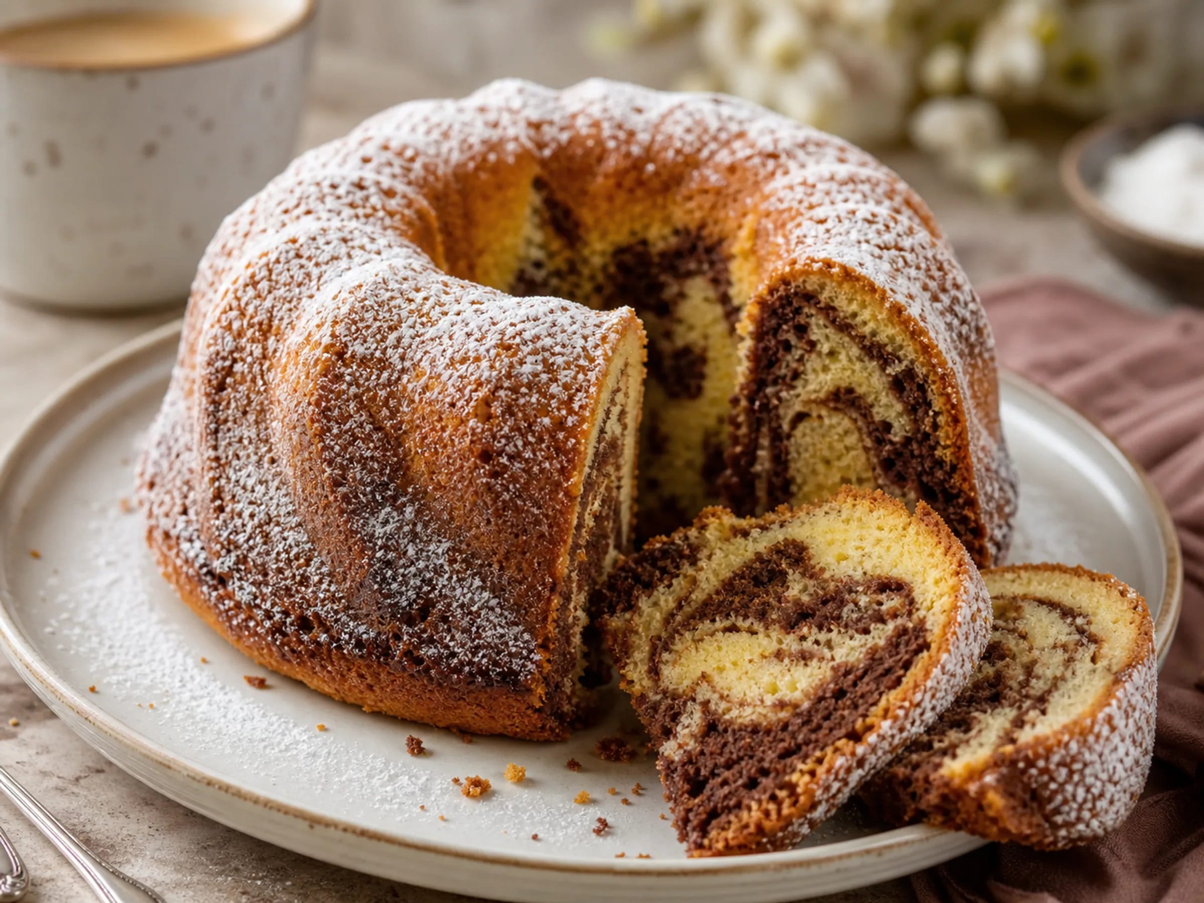 Angeschnittener Marmorkuchen aus der Gugelhupfform mit sichtbarer heller und dunkler Marmorierung