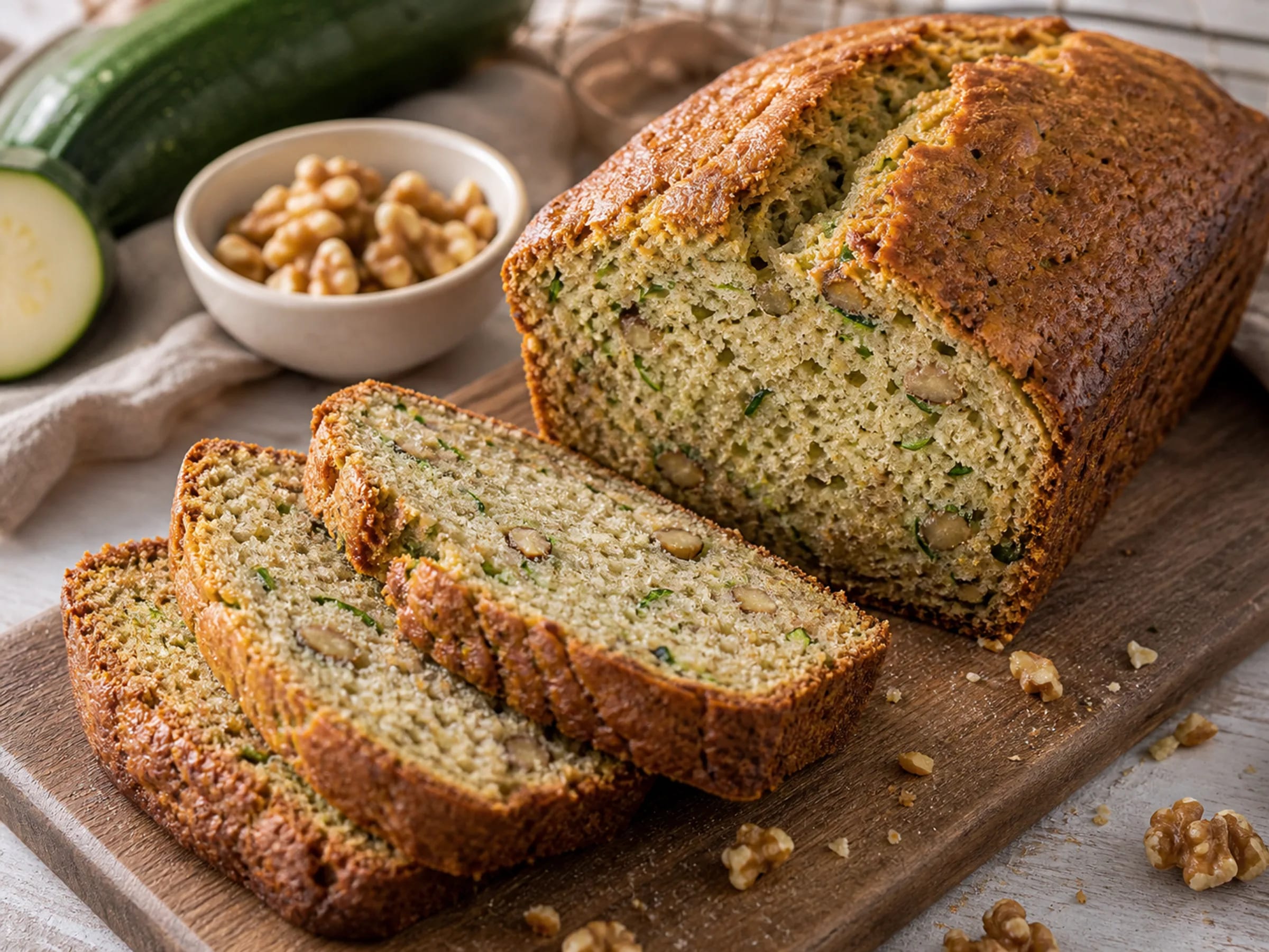 Angeschnittenes saftiges Zucchinibrot mit feiner Krume und sichtbaren Zucchiniraspeln