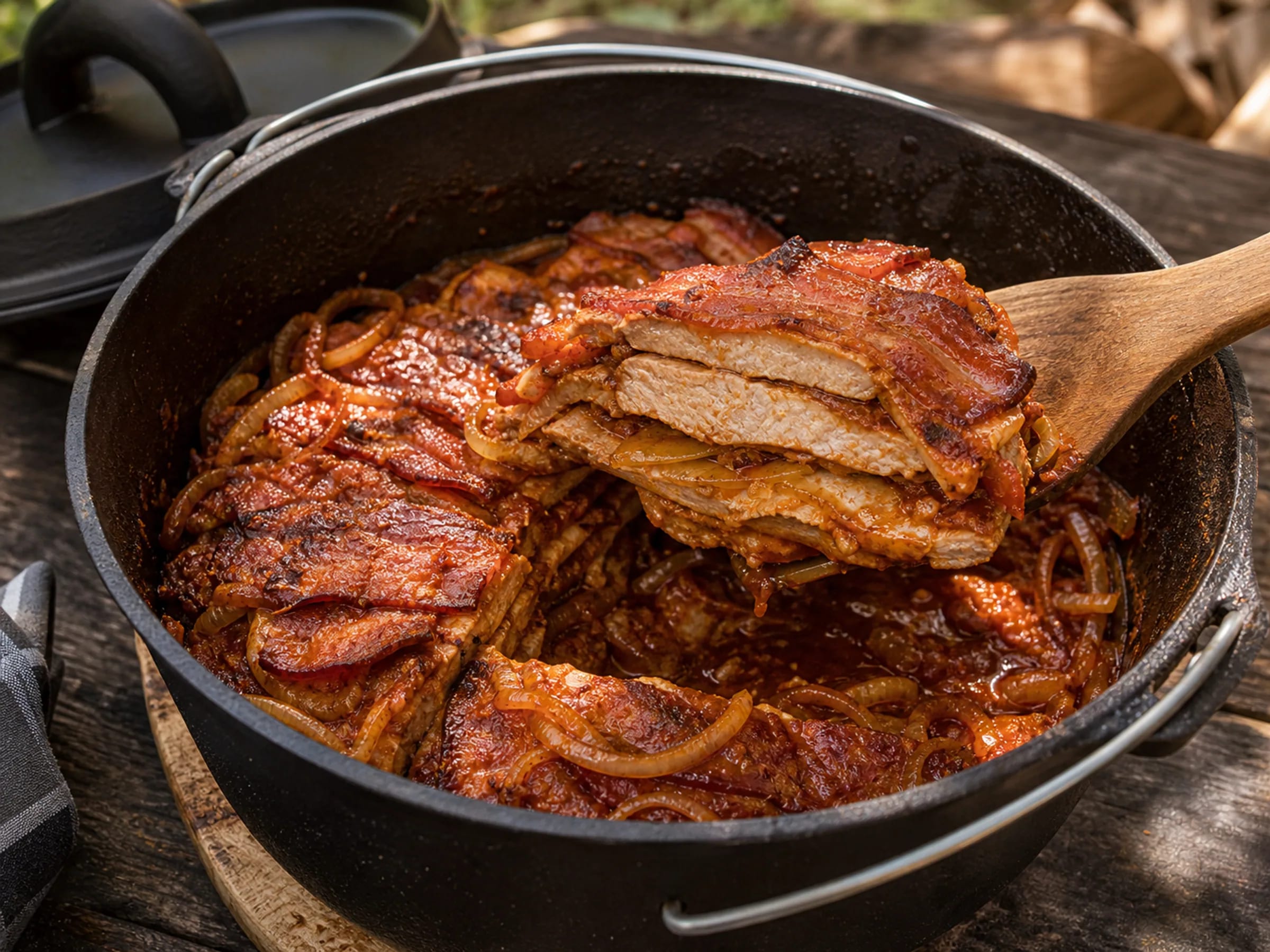 Zart geschmortes Schichtfleisch mit Zwiebeln, Paprika und Bacon aus dem Dutch Oven