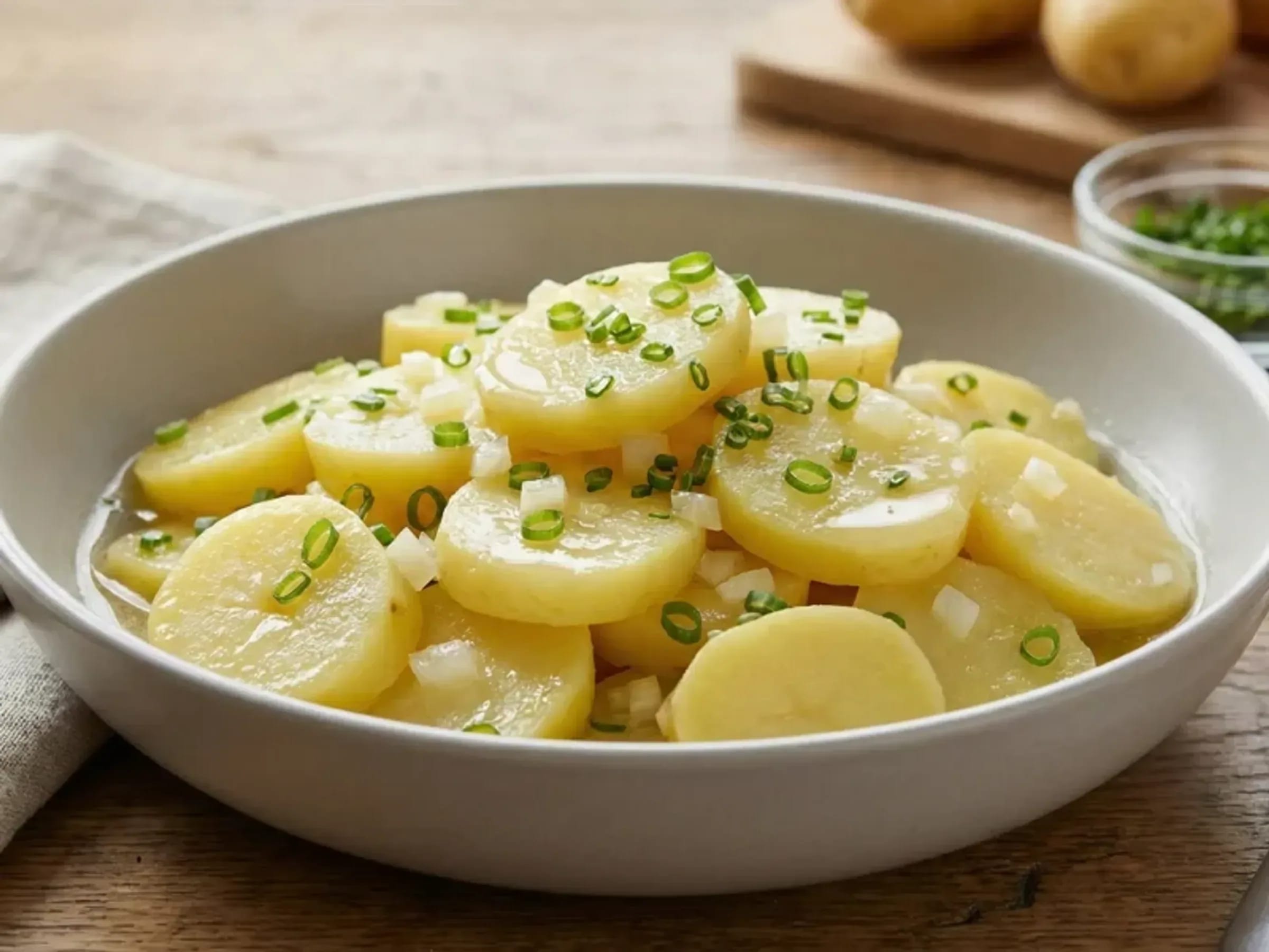 Schwäbischer Kartoffelsalat mit glänzenden Kartoffelscheiben, Zwiebel und Schnittlauch