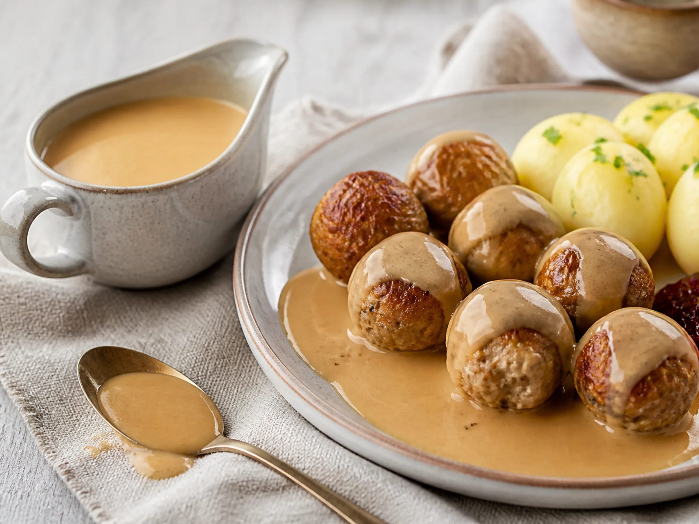 Cremige Köttbullar-Sauce zu Fleischbällchen, Kartoffeln und Preiselbeeren