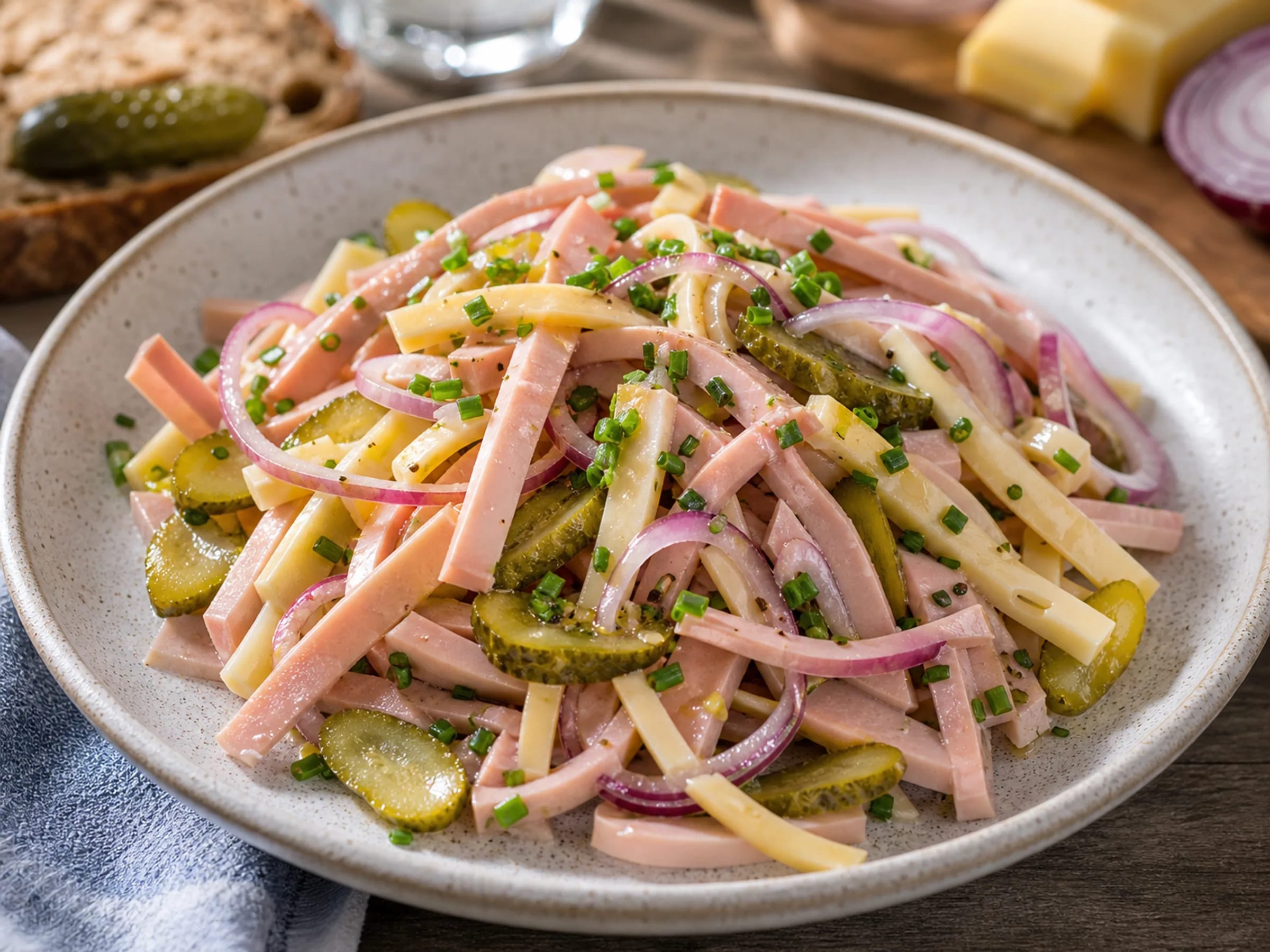 Schweizer Wurstsalat mit Cervelat, Emmentaler, Cornichons und roten Zwiebeln