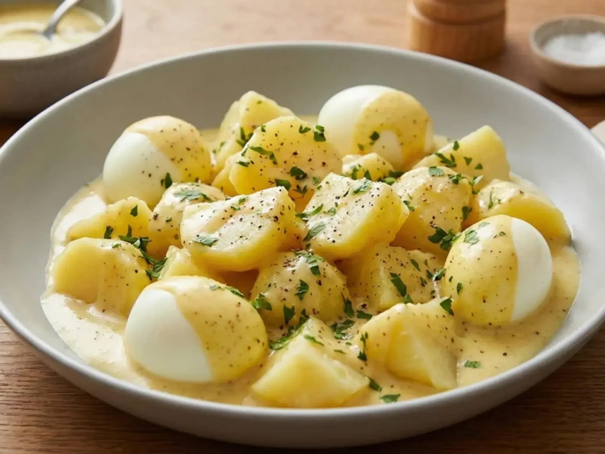 Halbierte Eier und Kartoffeln in cremiger Senfsauce mit Petersilie