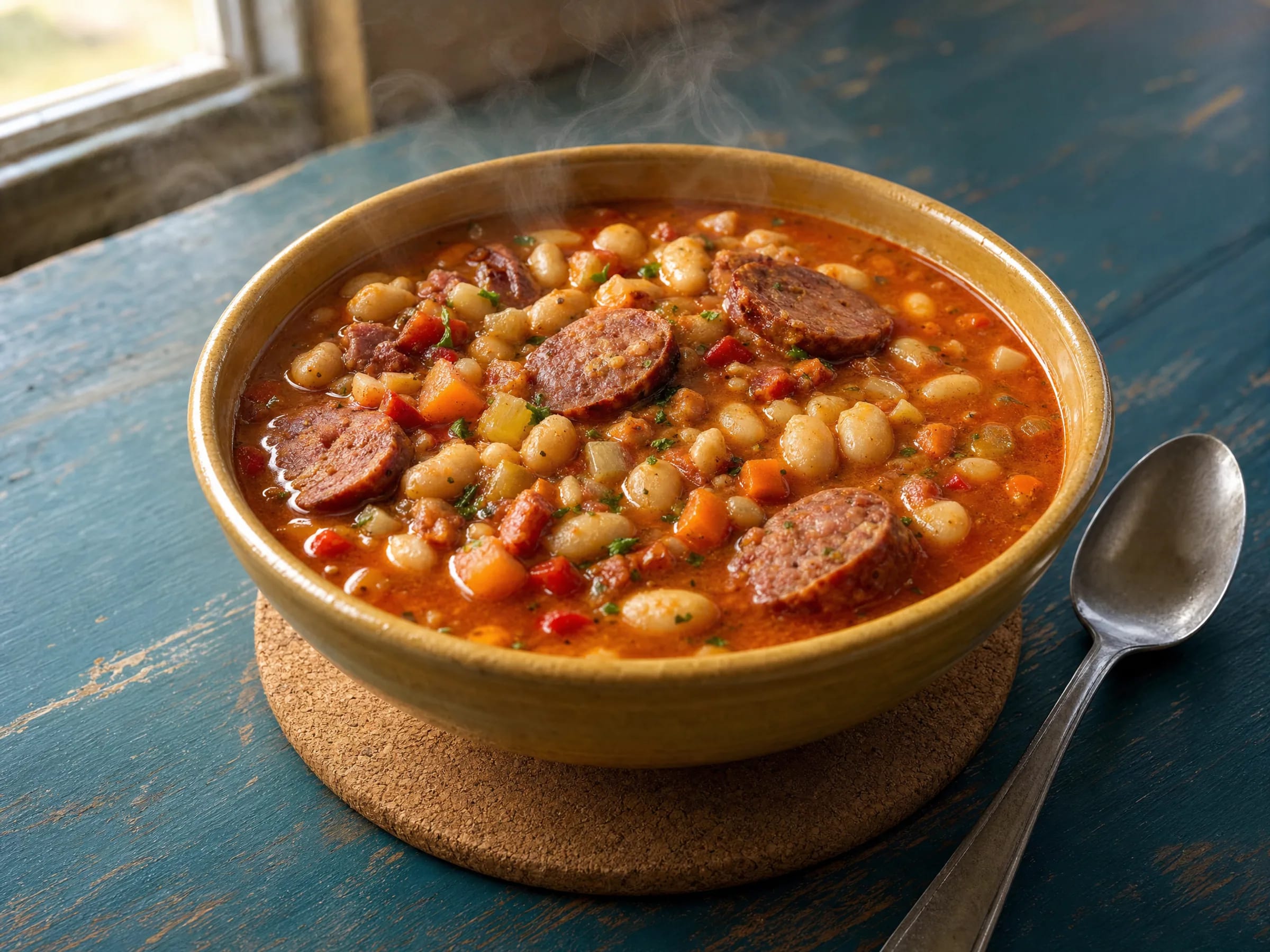 Serbische Bohnensuppe mit Rauchwurst und Paprika fertig angerichtet
