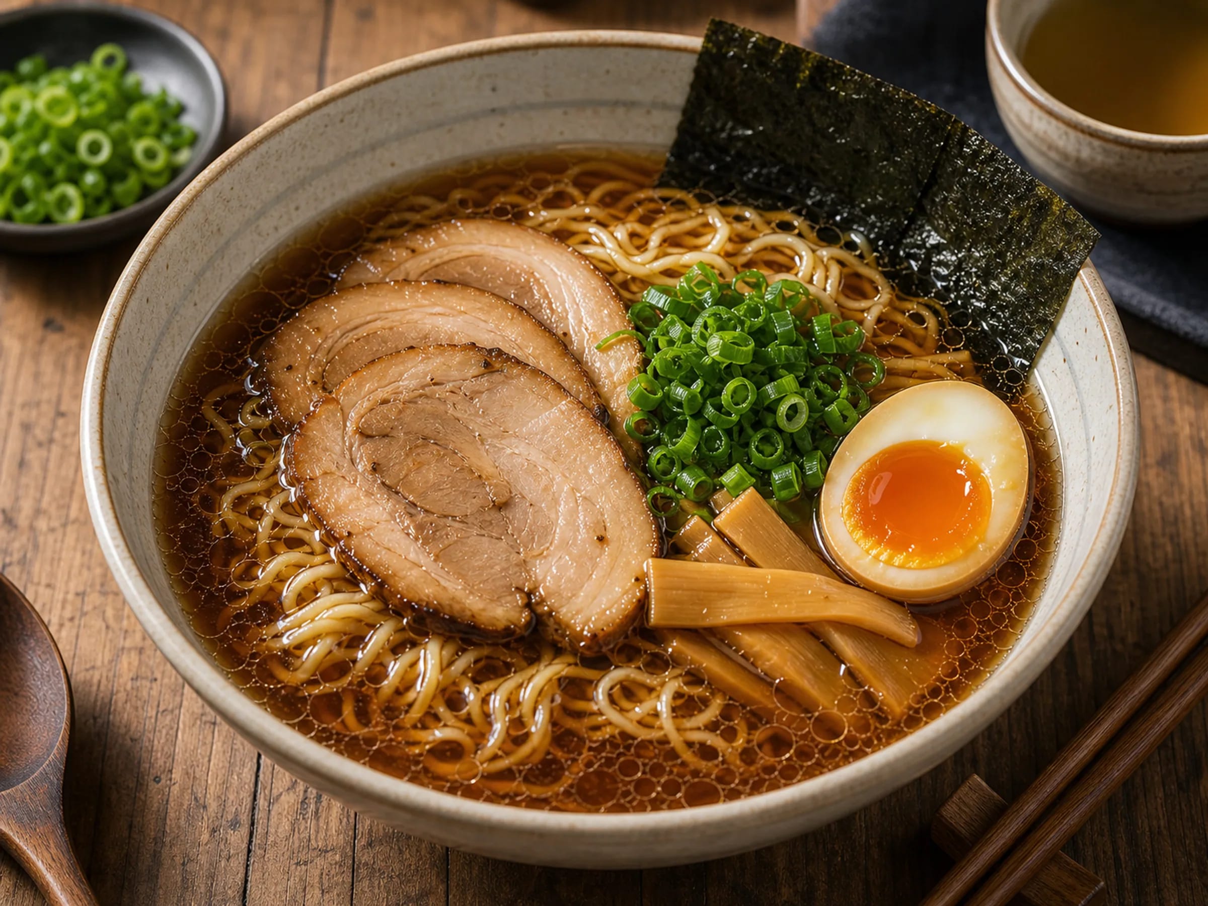 Shoyu Ramen mit klarer Brühe, Nudeln, Ei, Pak Choi, Nori und Bambussprossen