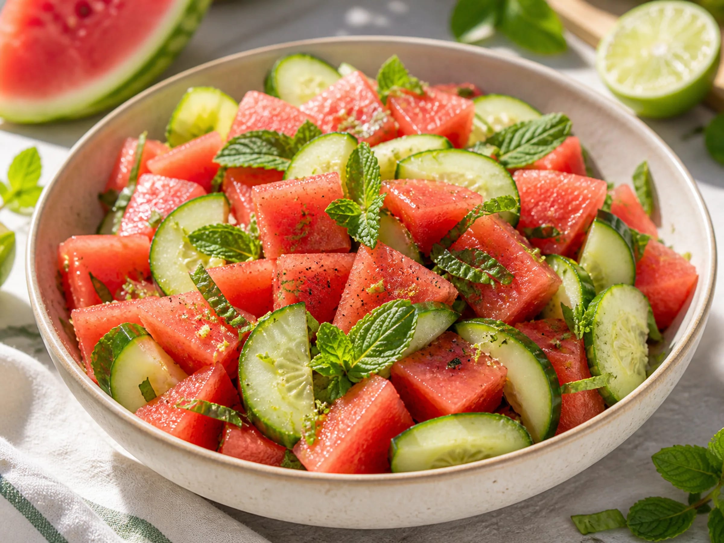 Bunter Wassermelonensalat mit Gurke, Kirschtomaten, Rucola und Minze