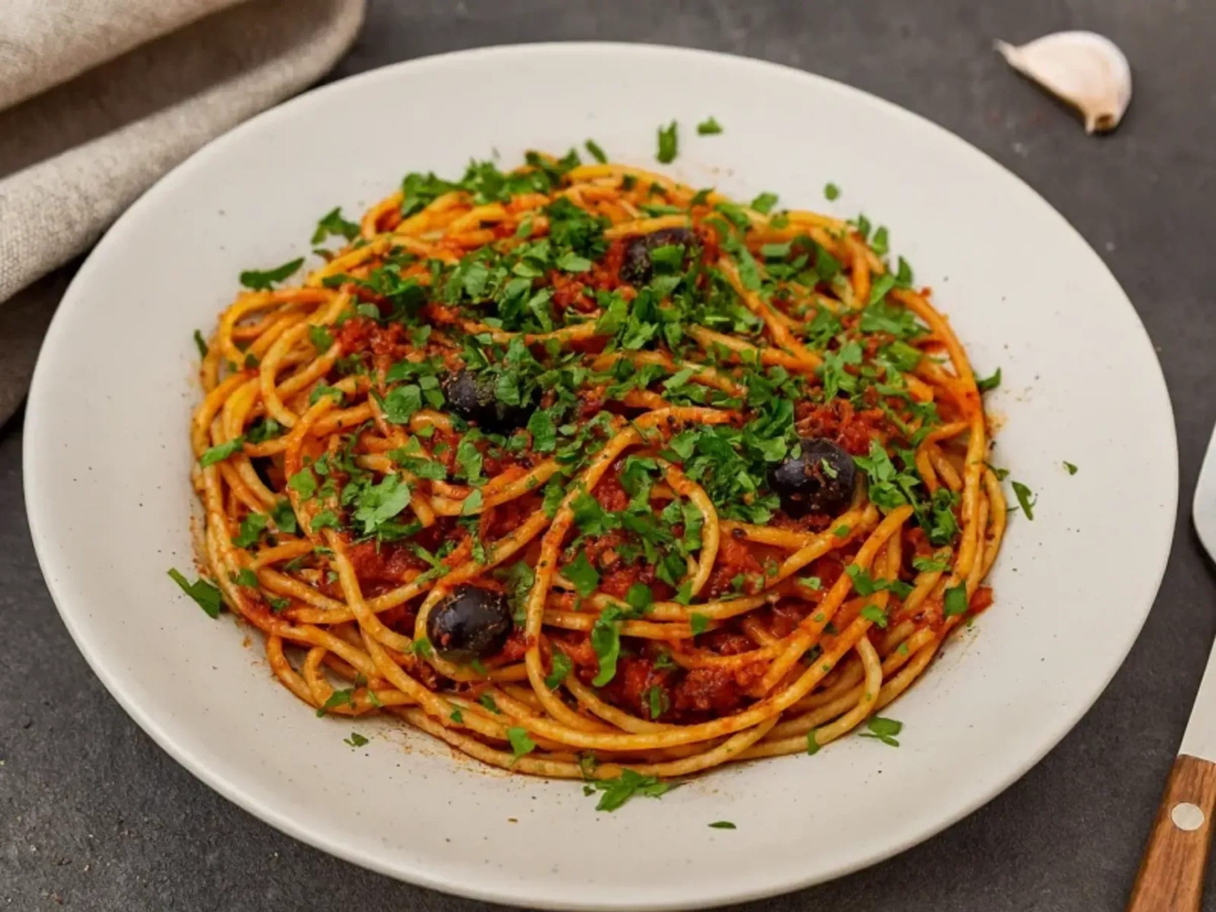 Spaghetti alla Puttanesca mit Tomatensauce, Oliven, Kapern und Petersilie