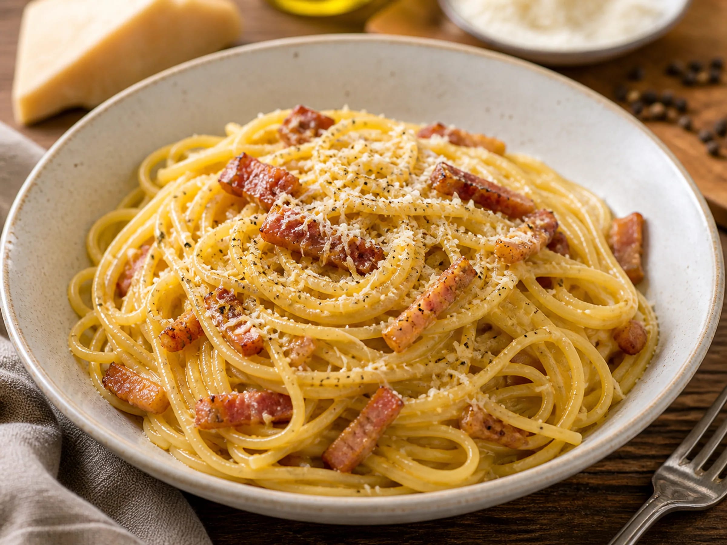 Spaghetti Carbonara ohne Sahne mit cremiger Sauce, Guanciale und Pfeffer