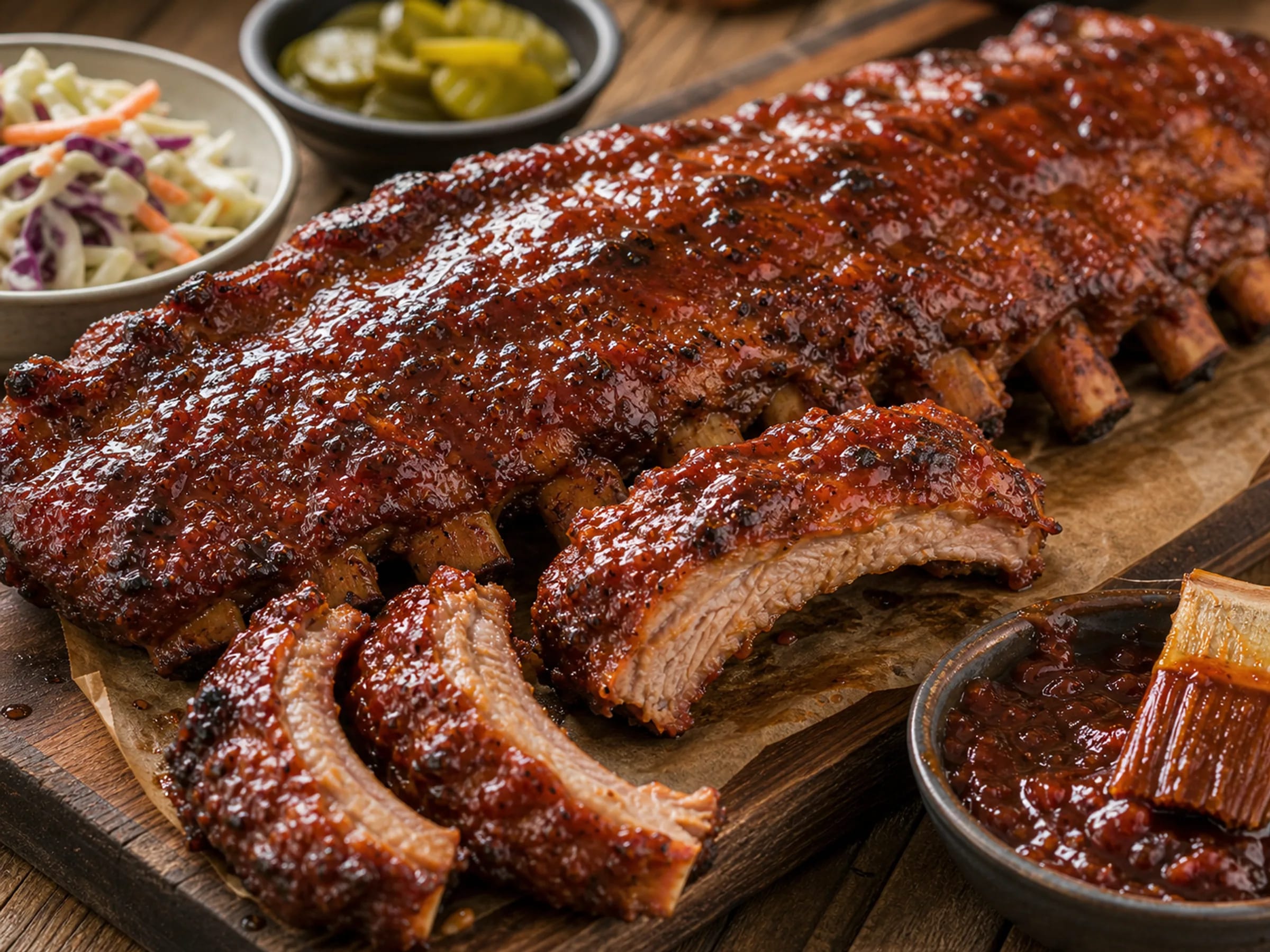 Glänzend glasierte BBQ-Spareribs auf einem rustikalen Brett