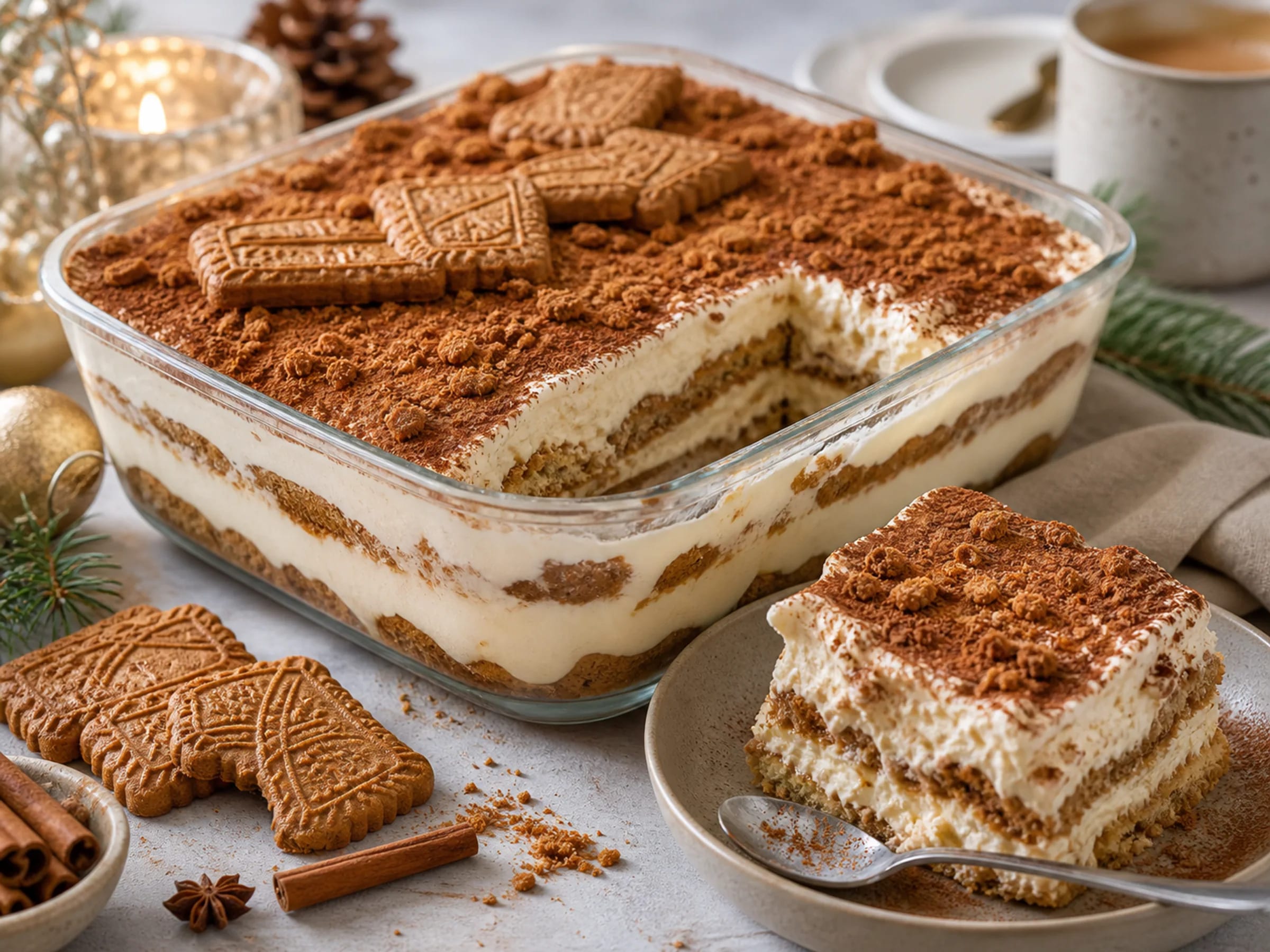 Serviertes Spekulatius-Tiramisu mit Creme, Keks-Schichten und Kakao