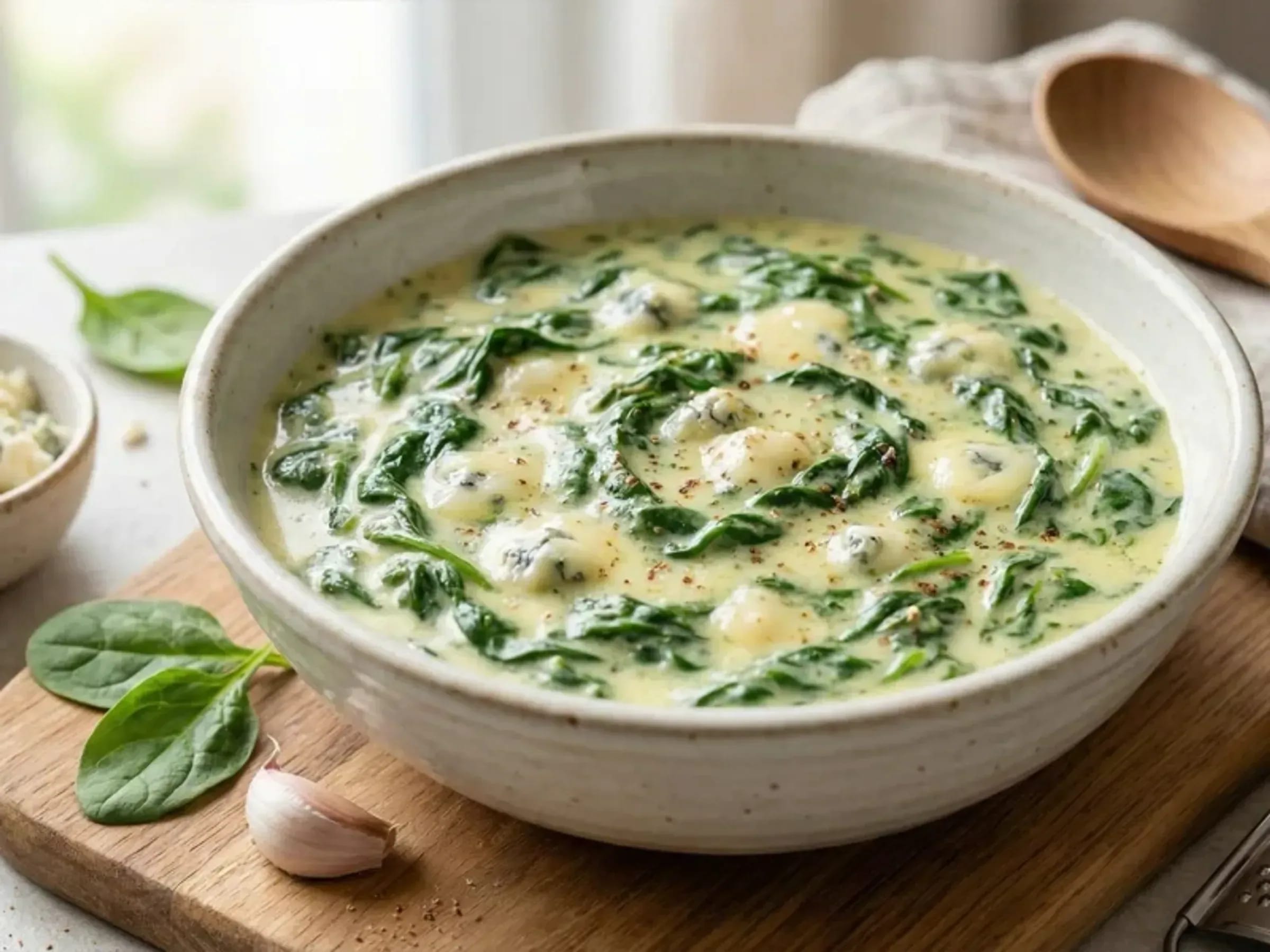 Cremige Spinat-Gorgonzola-Sauce mit sichtbaren Spinatblättern in einer Schale