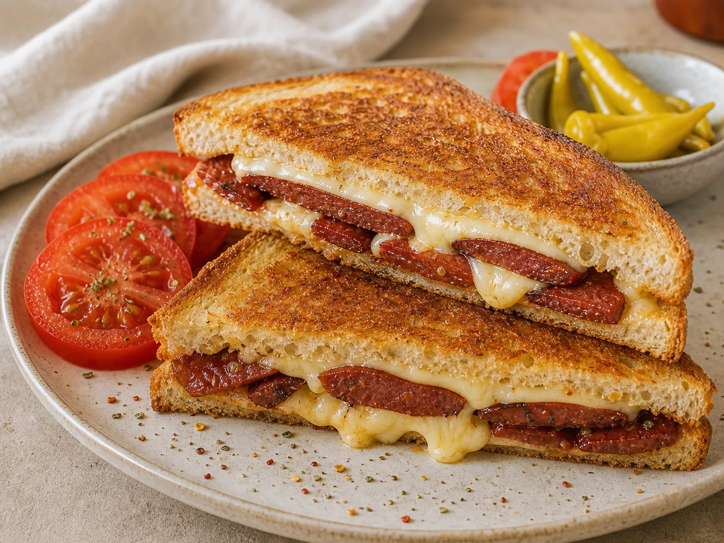 Knuspriger Sucuk-Toast mit geschmolzenem Käse und gebräunter Wurstfüllung