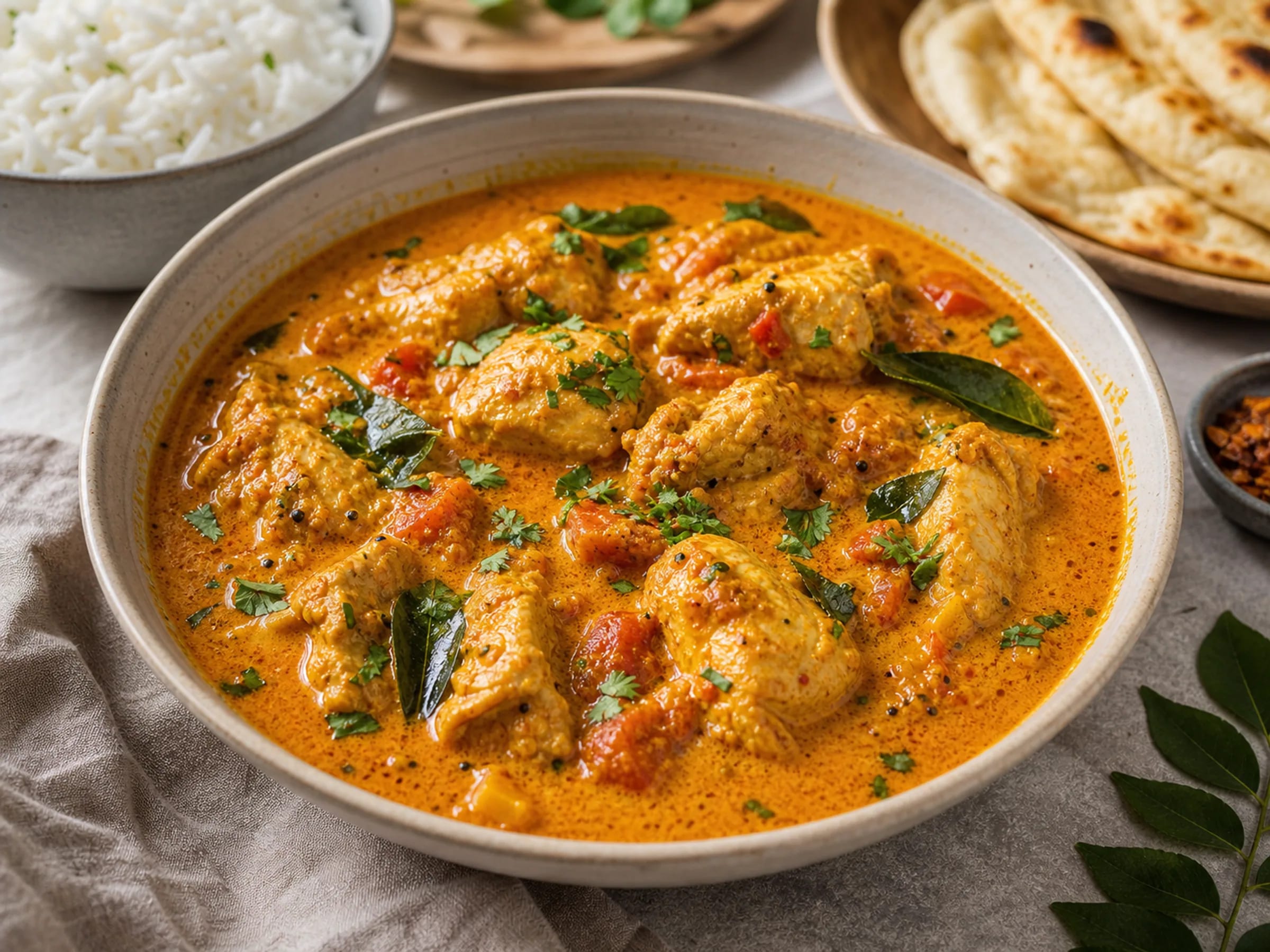 Südindisches Chicken Curry mit cremiger Kokos-Tomatensauce in einer Schüssel