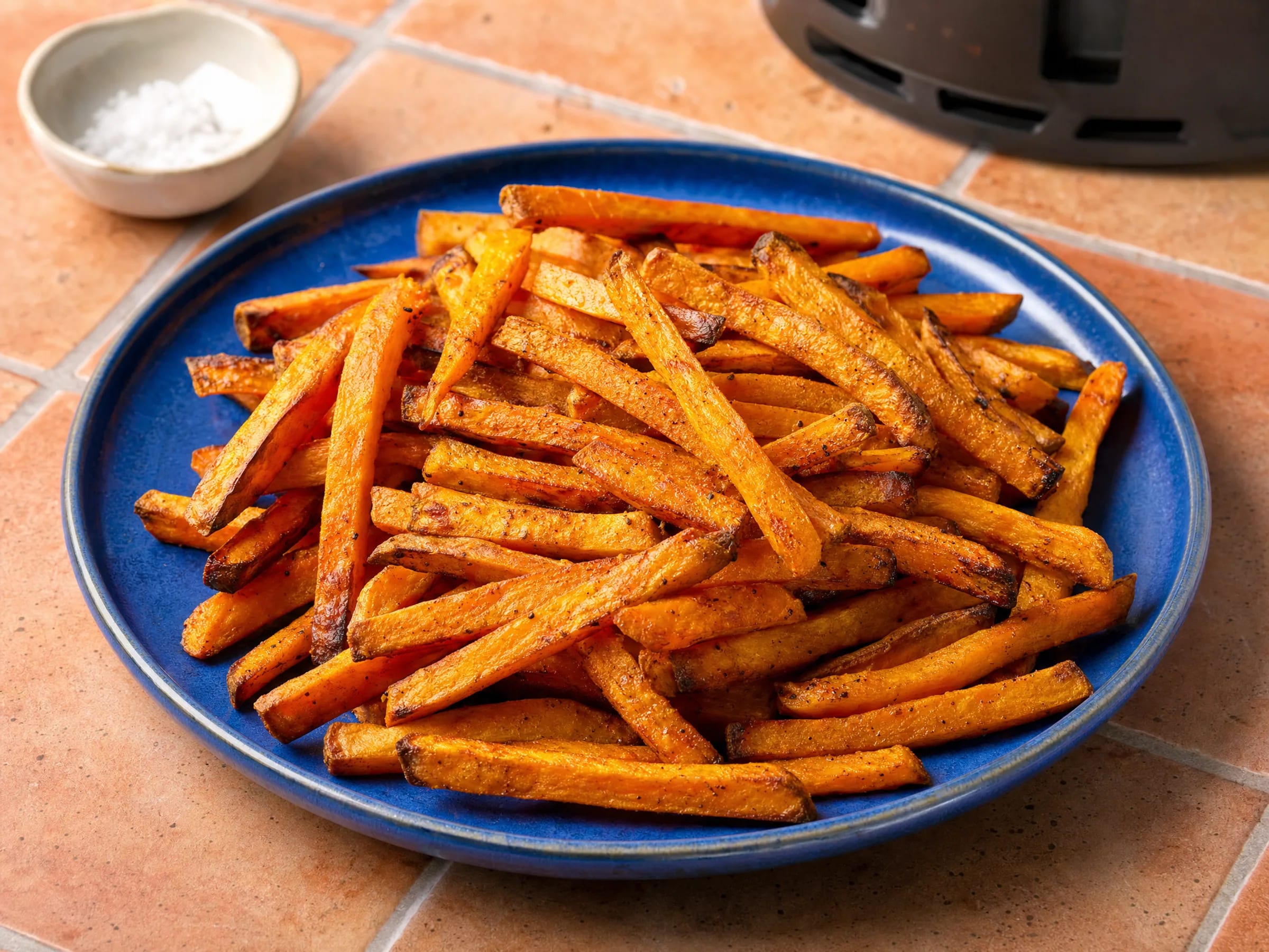 Knusprige Süßkartoffel-Pommes aus dem Airfryer fertig angerichtet
