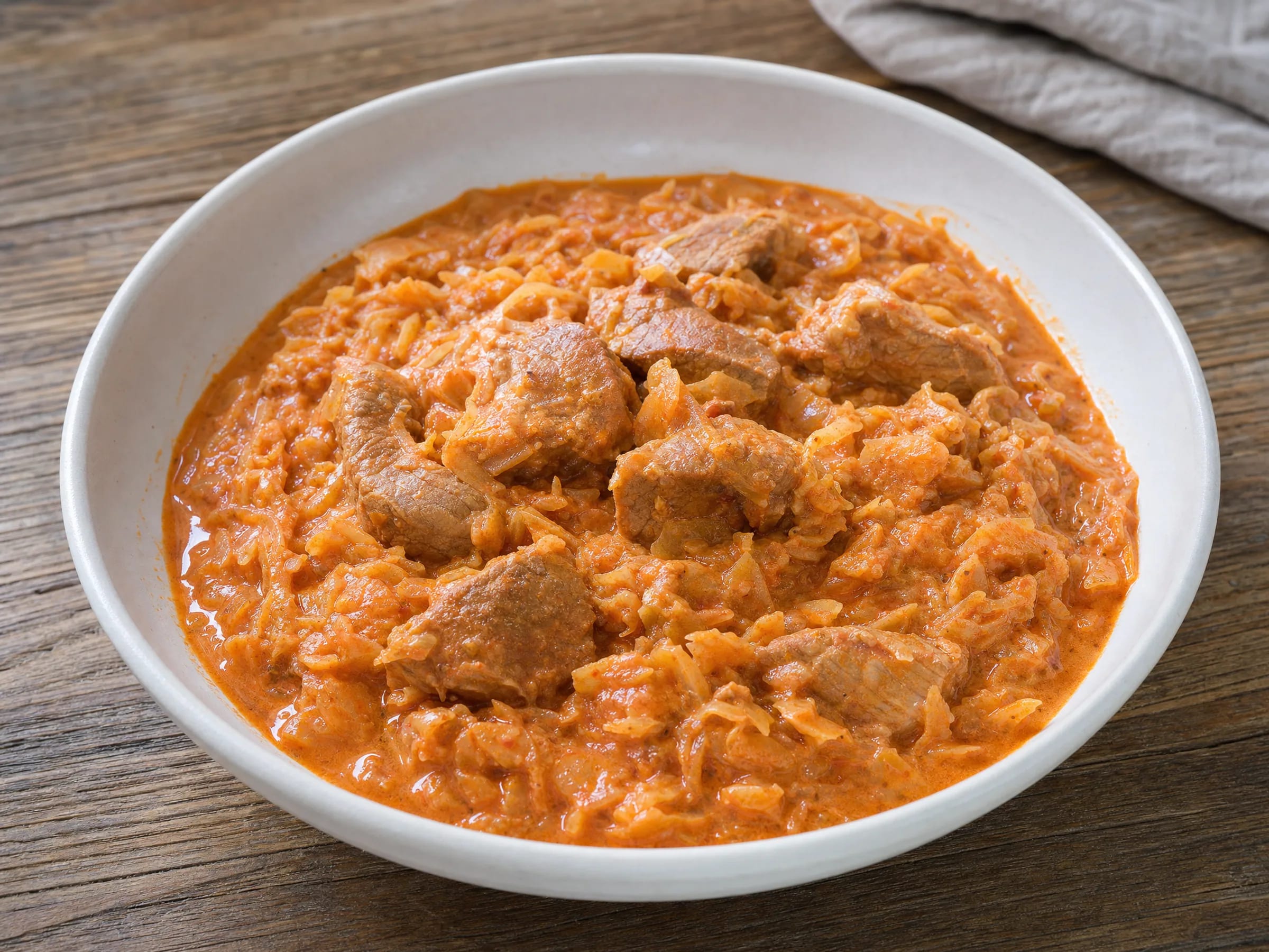 Szegediner Gulasch mit Sauerkraut, zartem Schwein und Sahnebindung fertig angerichtet