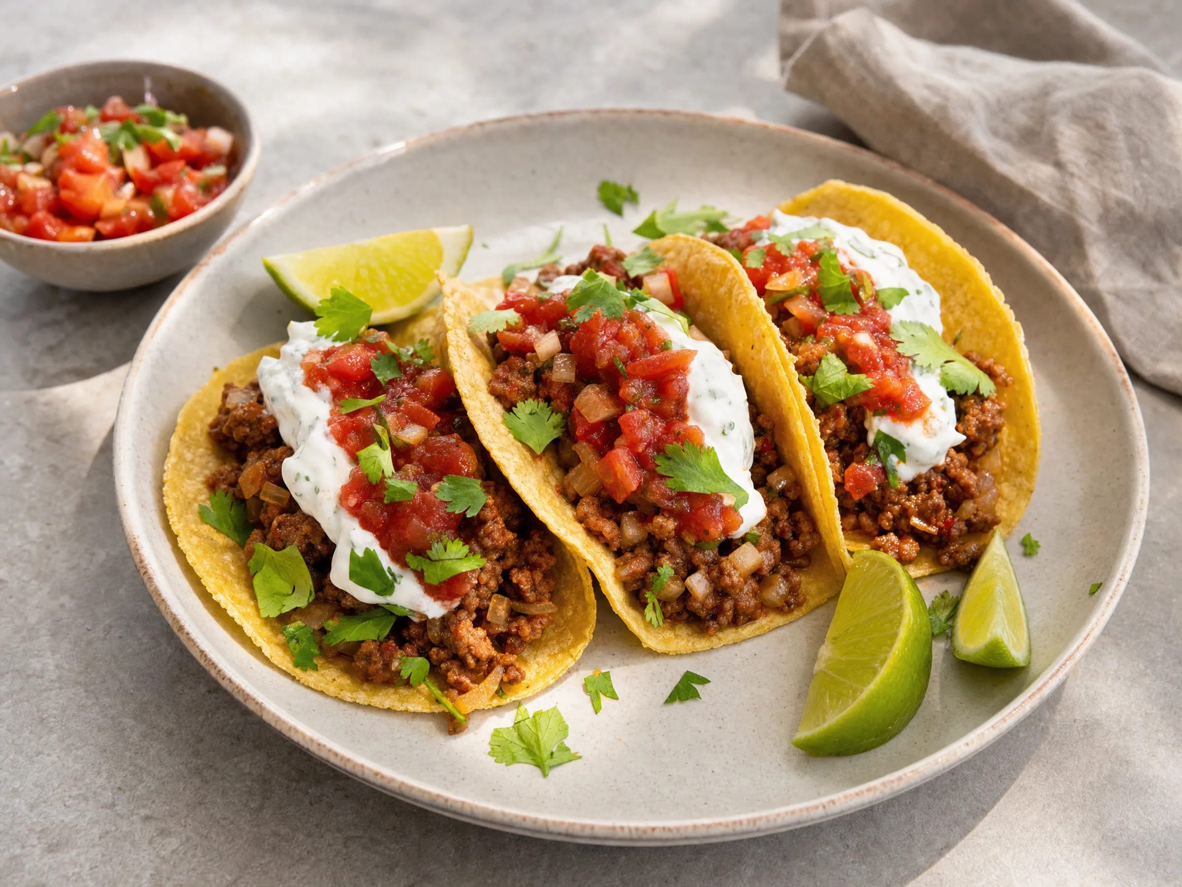 Tacos mit Hackfleisch, Salsa und Limetten-Schmand fertig angerichtet