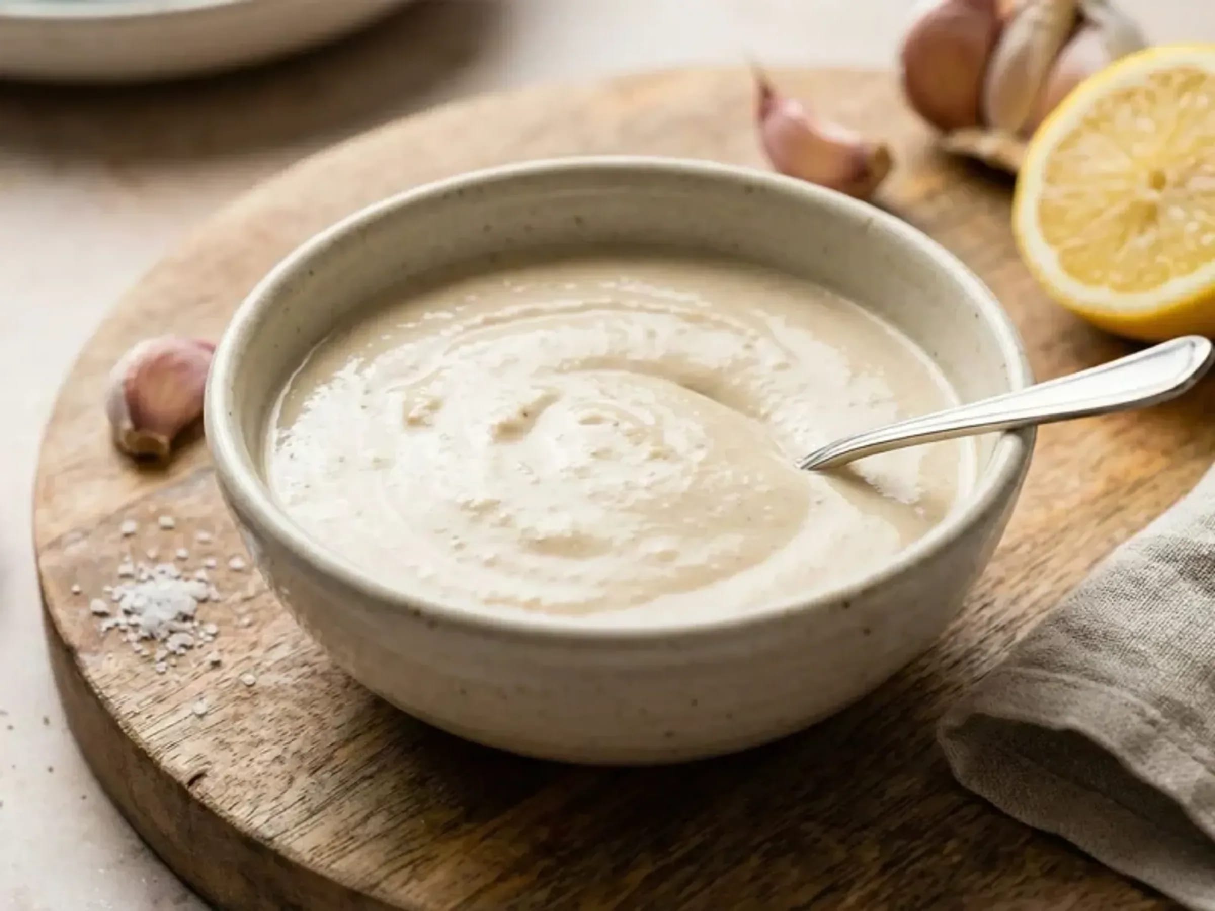 Cremiges Tahini-Bowl-Dressing mit Zitrone und Ingwer in einer kleinen Schale