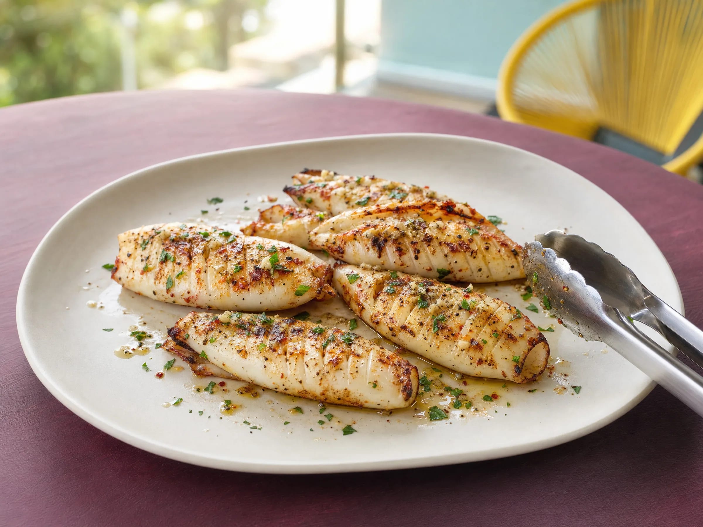 Tintenfisch grillen – Tuben mit Knoblauch und Zitrone fertig angerichtet
