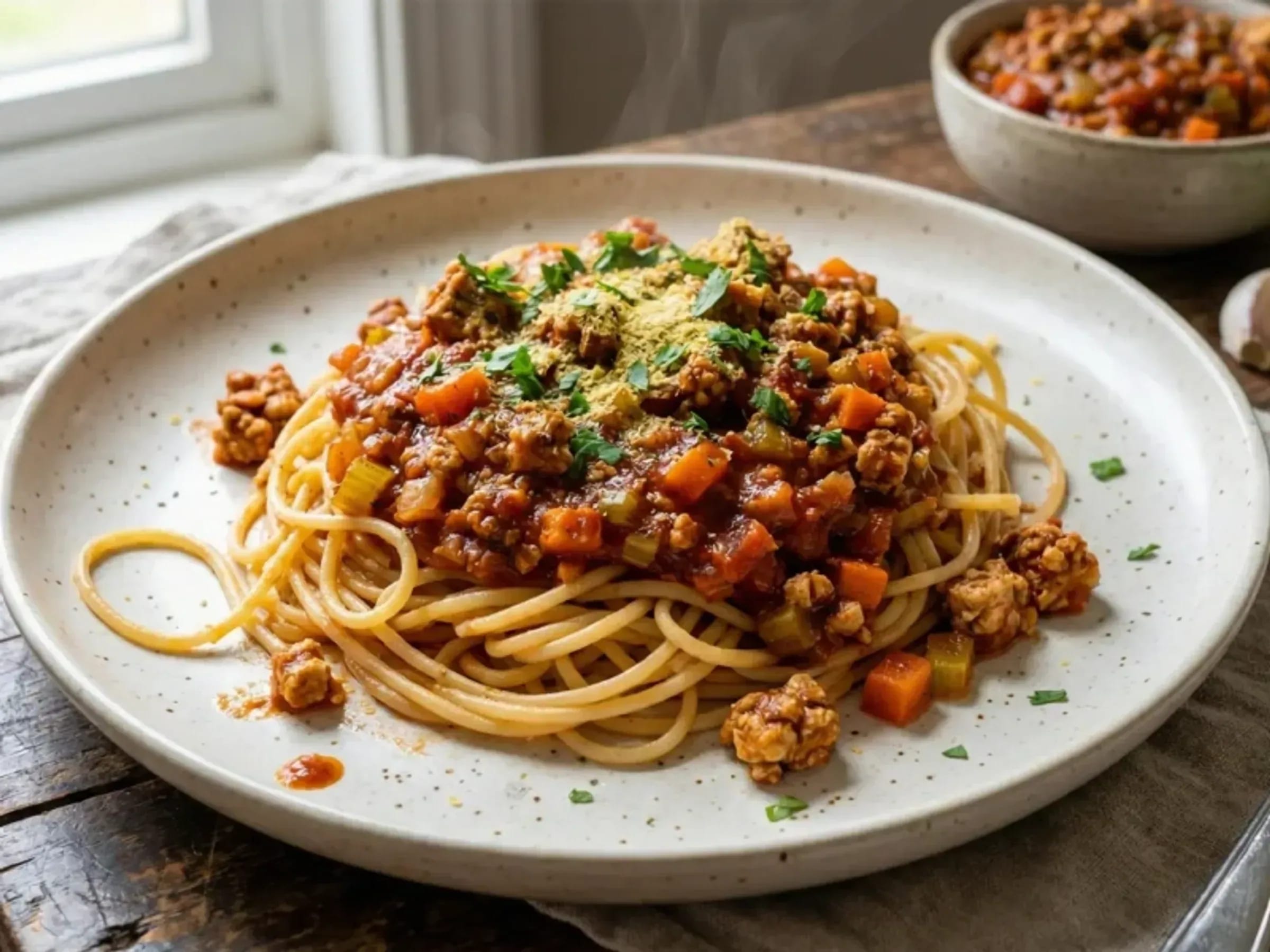 Spaghetti mit tomatiger Tofu-Bolognese und feinen Gemüsestückchen