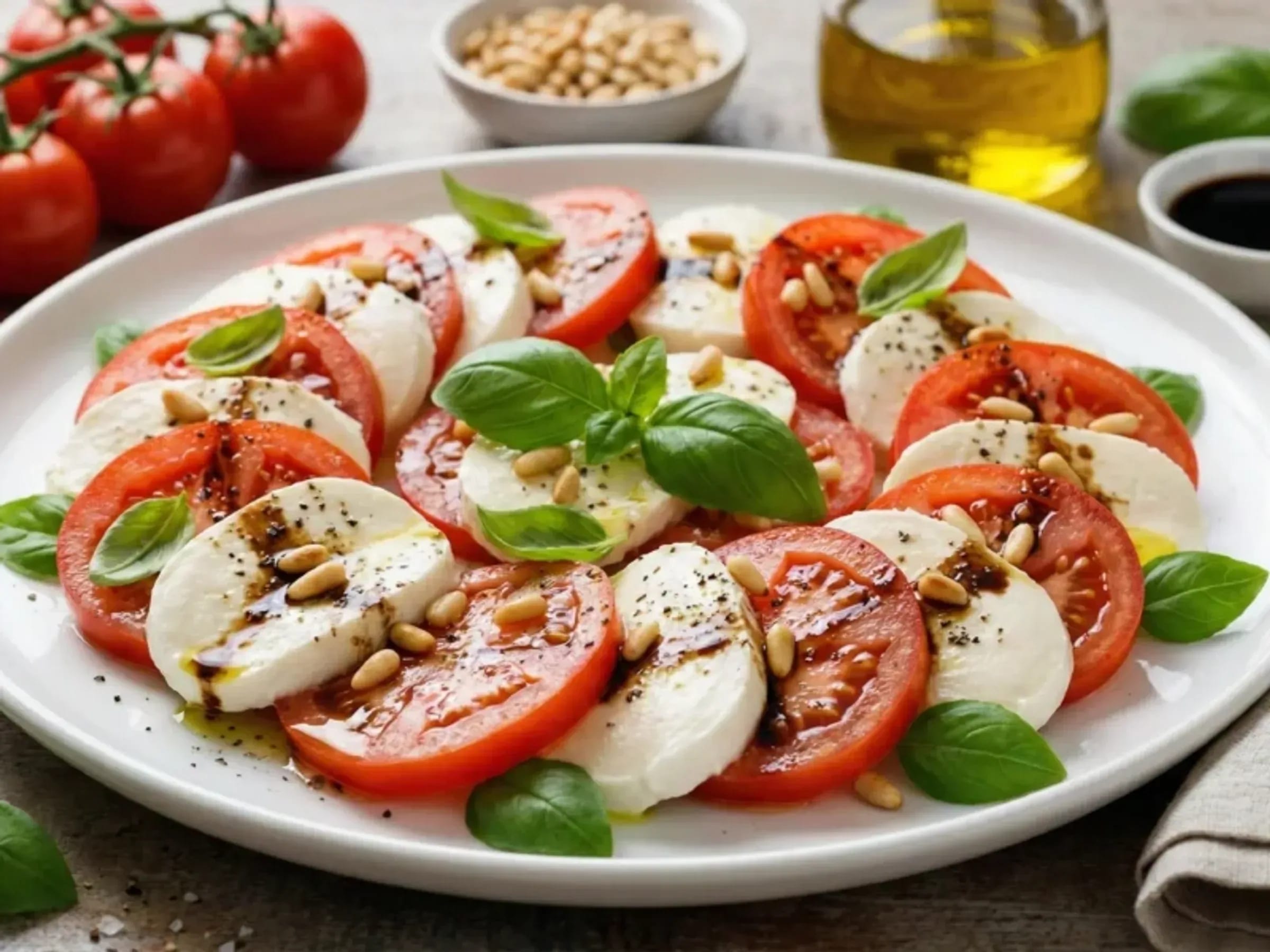 Caprese-Salat mit Tomaten, Mozzarella, Basilikum, Balsamico und Pinienkernen