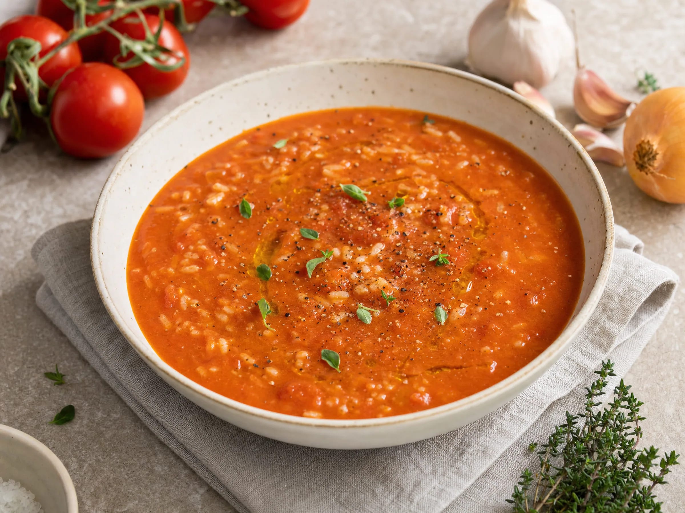Tomatensuppe aus frischen Ofentomaten mit körnigem Reis fertig angerichtet