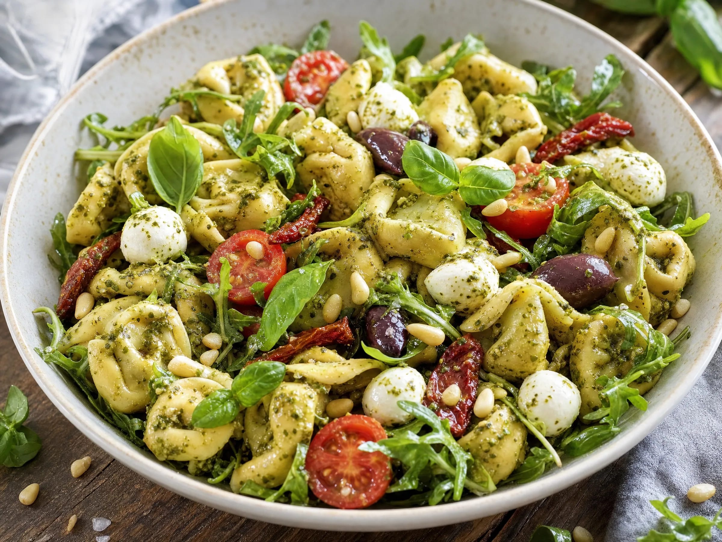 Tortellini Salat mit Pesto, Rucola und Mozzarella fertig angerichtet