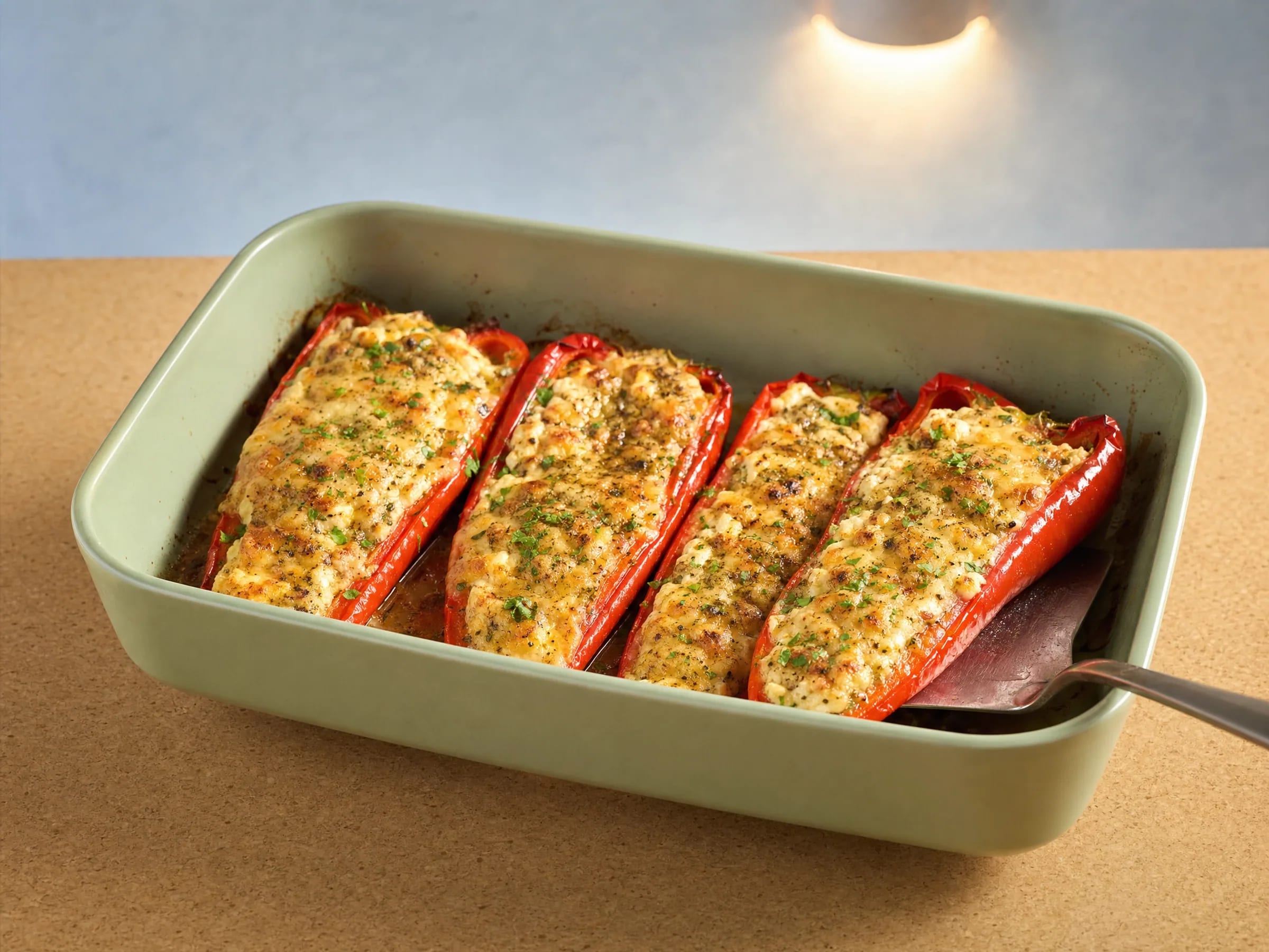 Überbackene Spitzpaprika mit Feta und Gouda aus dem Ofen fertig angerichtet