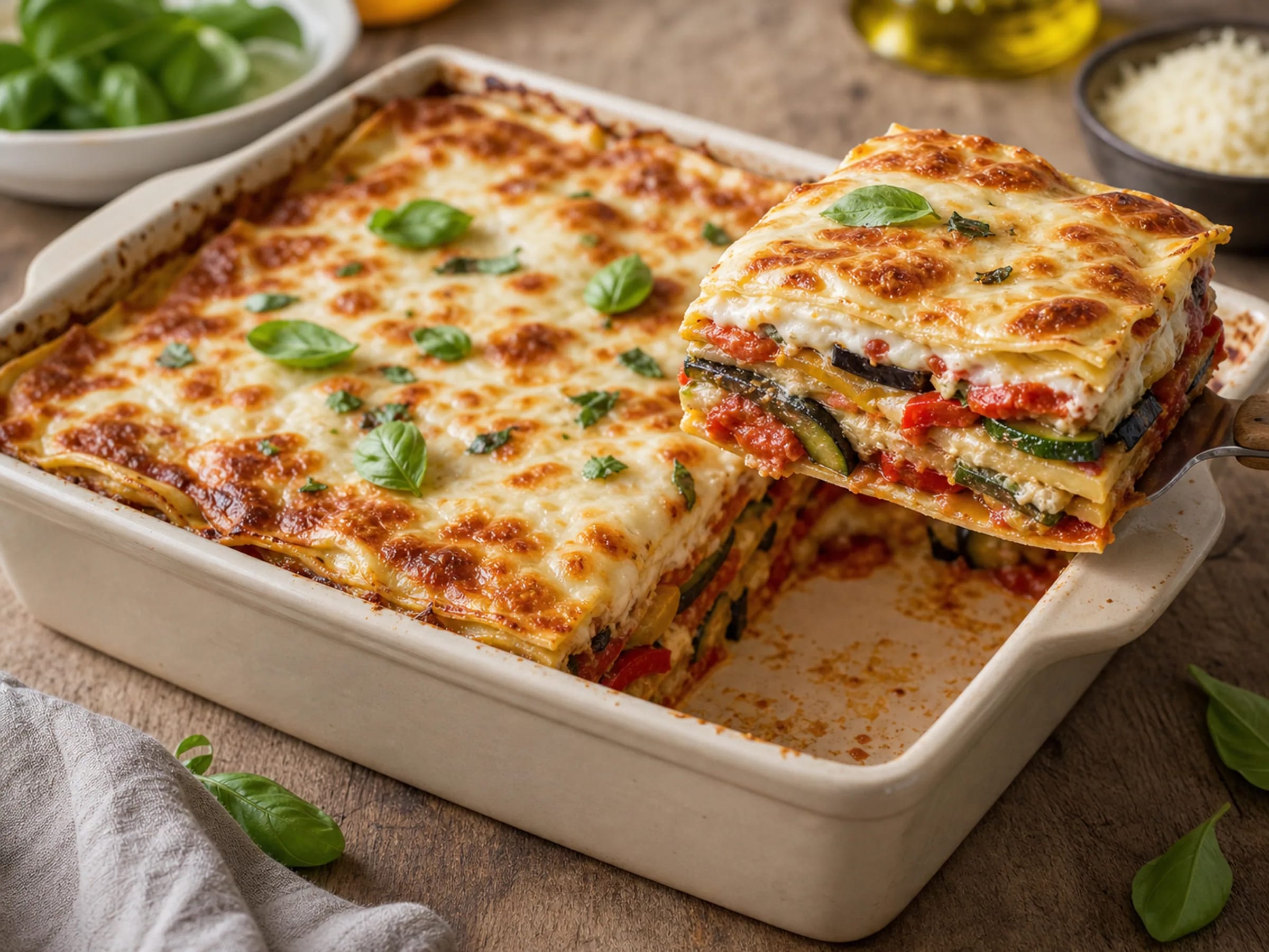 Vegetarische Lasagne mit Gemüse, Tomatensauce, Béchamel und goldbrauner Käsekruste