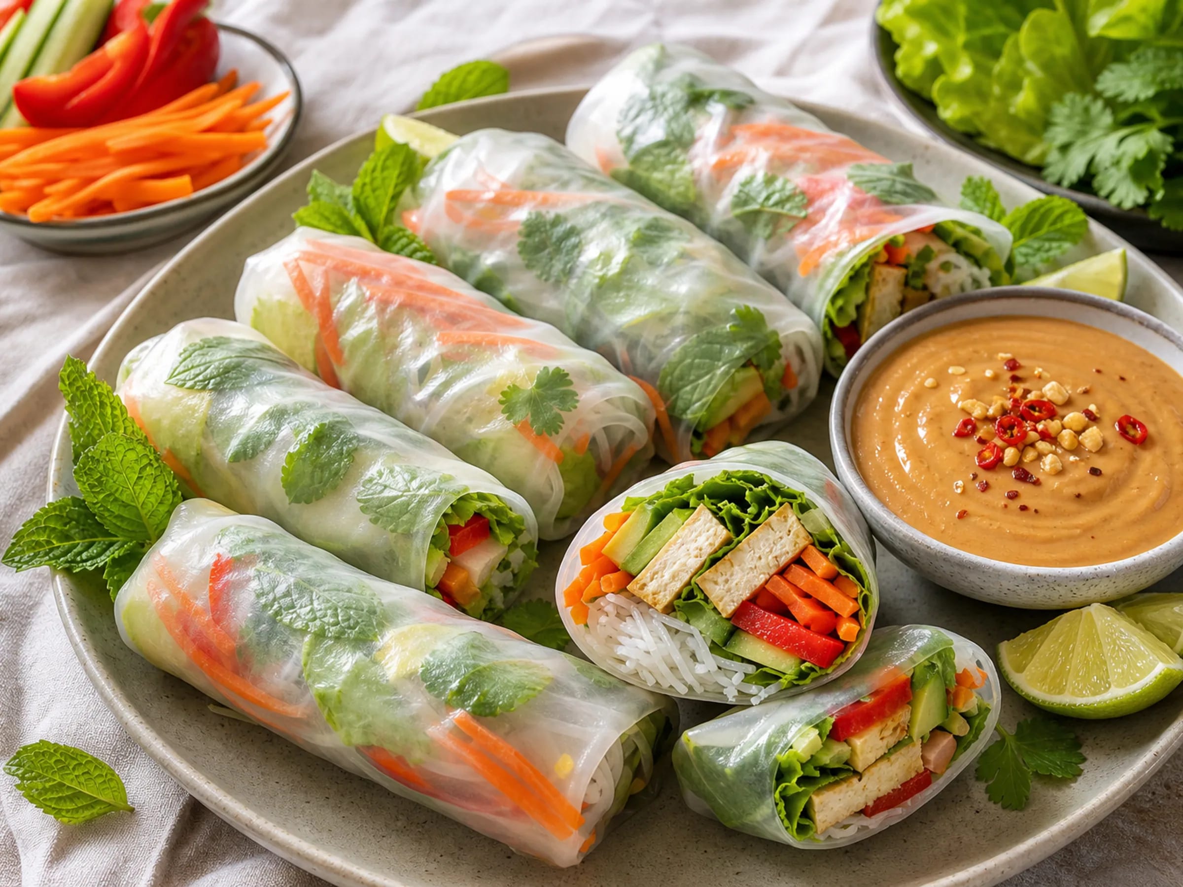 Vietnamesische Sommerrollen mit Tofu, Reisnudeln, Gemüse und cremigem Erdnussdip auf einer Platte