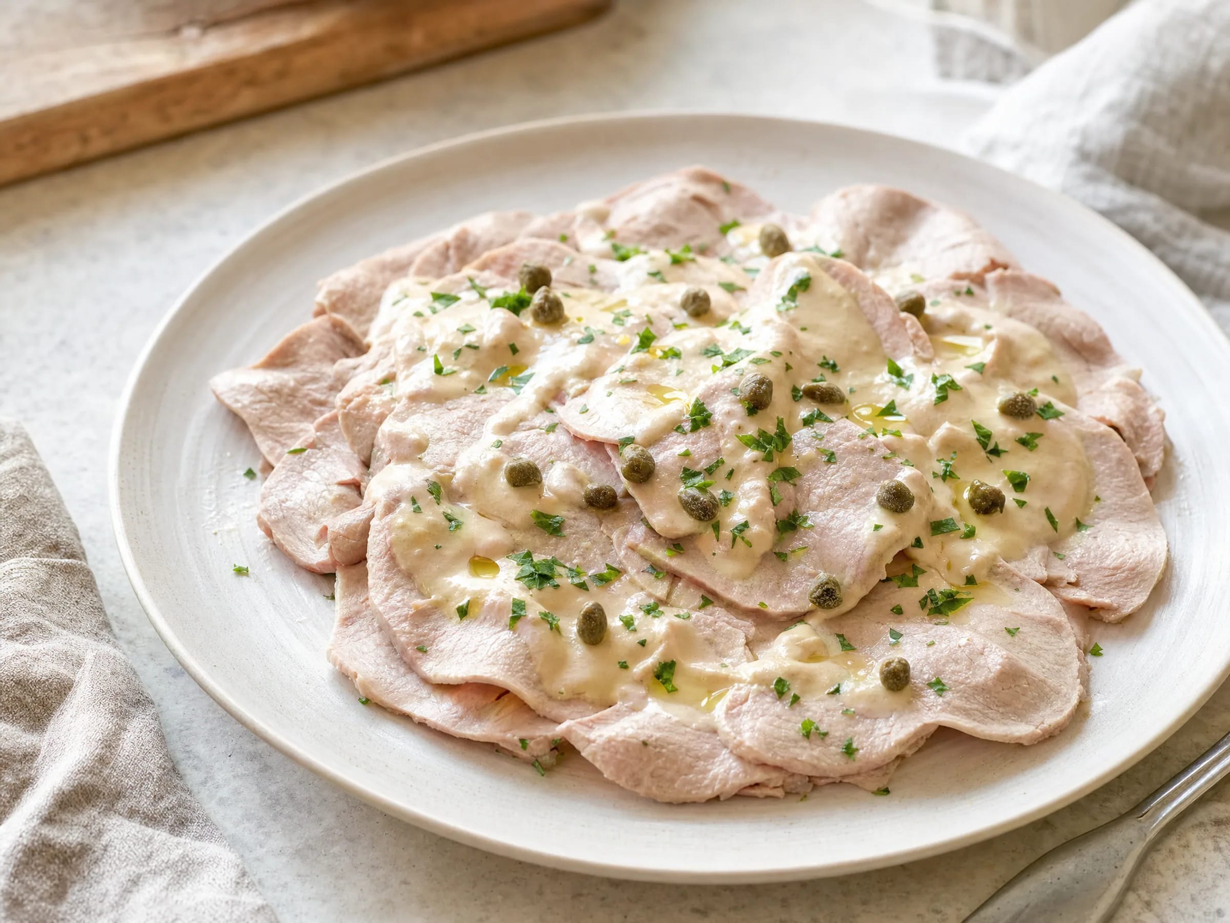 Vitello Tonnato mit Kalbsnuss und Thunfisch-Kapern-Sauce fertig angerichtet