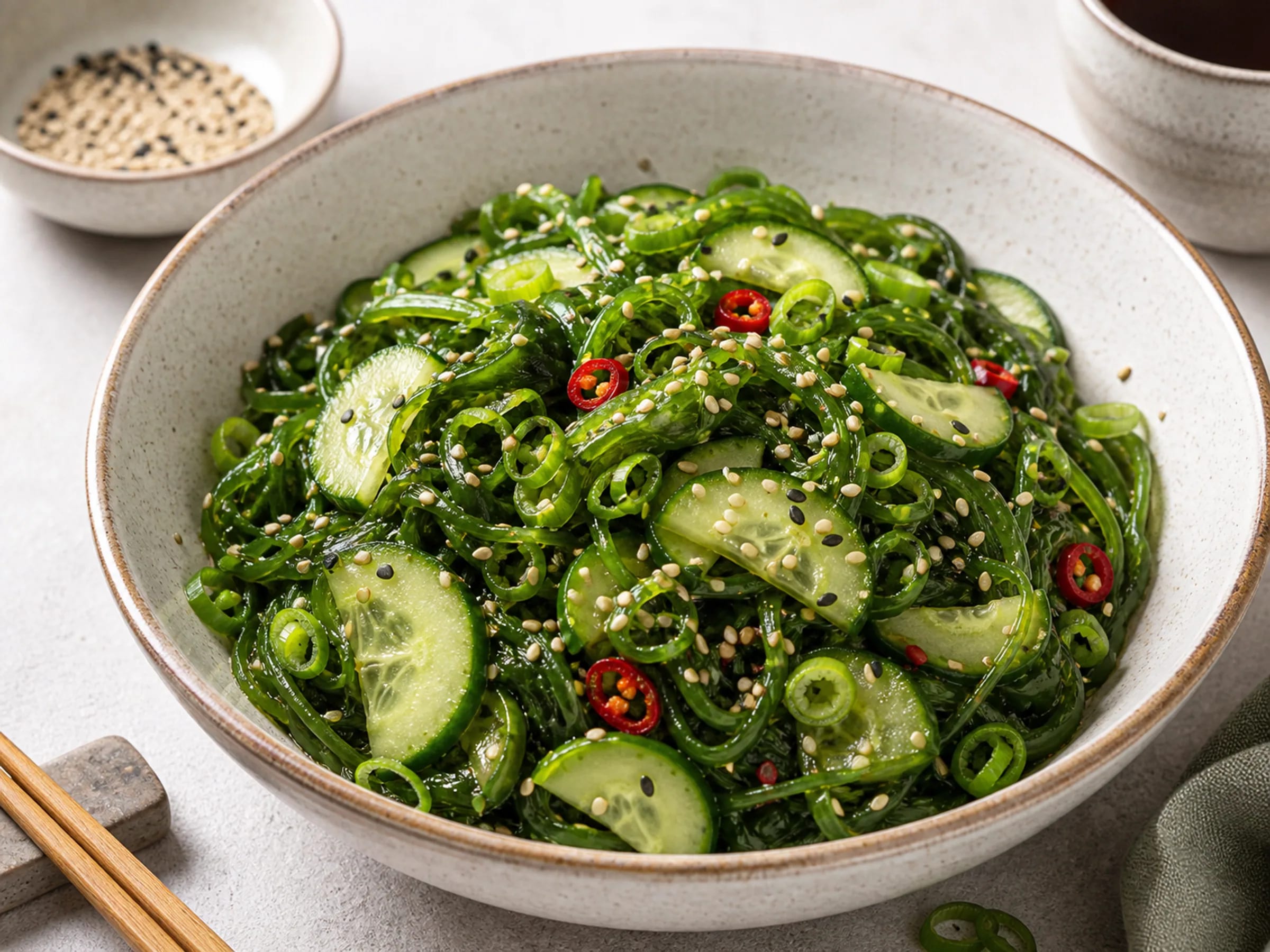 Wakame-Salat mit Gurke, Frühlingszwiebeln, Chili und geröstetem Sesam in einer Schale