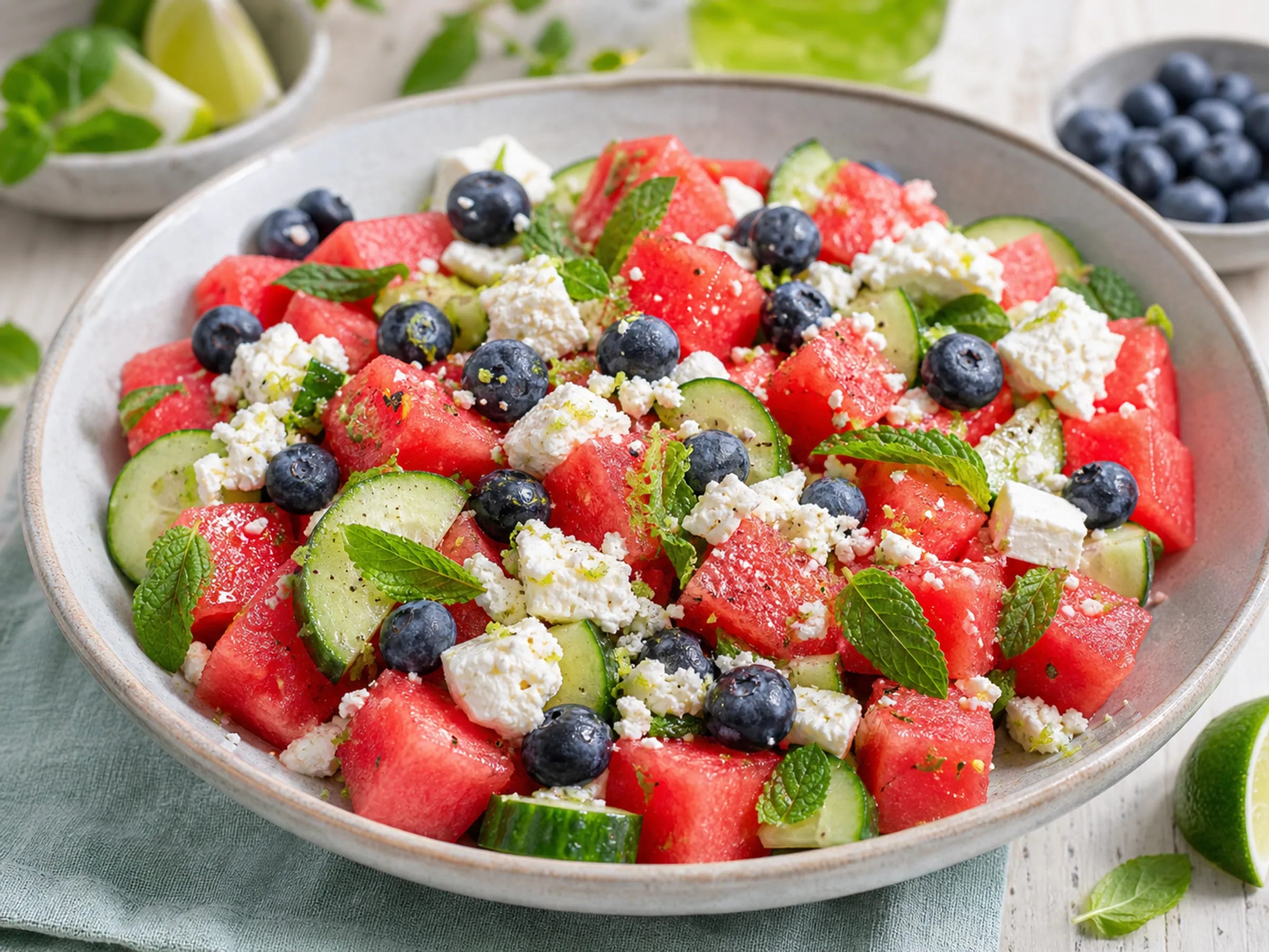 Wassermelonen-Feta-Salat mit Blaubeeren, Gurke, Minze und Limette auf einem Teller