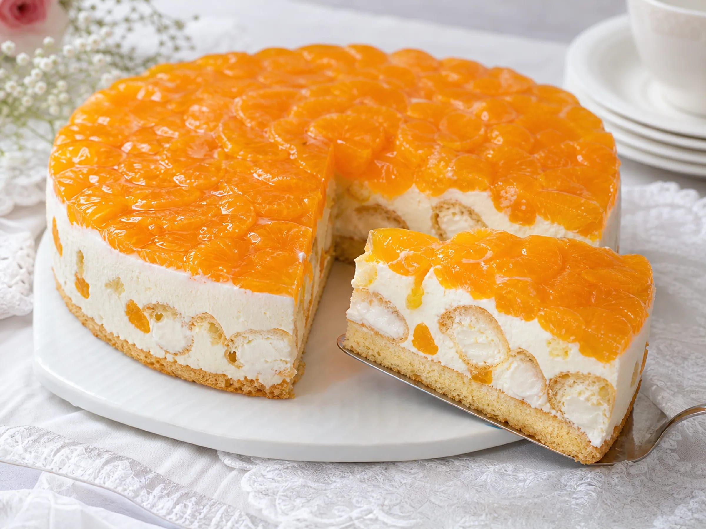 Windbeuteltorte mit Mandarinen, Sahne-Schmand-Creme, Mini-Windbeuteln und angeschnittenem Stück