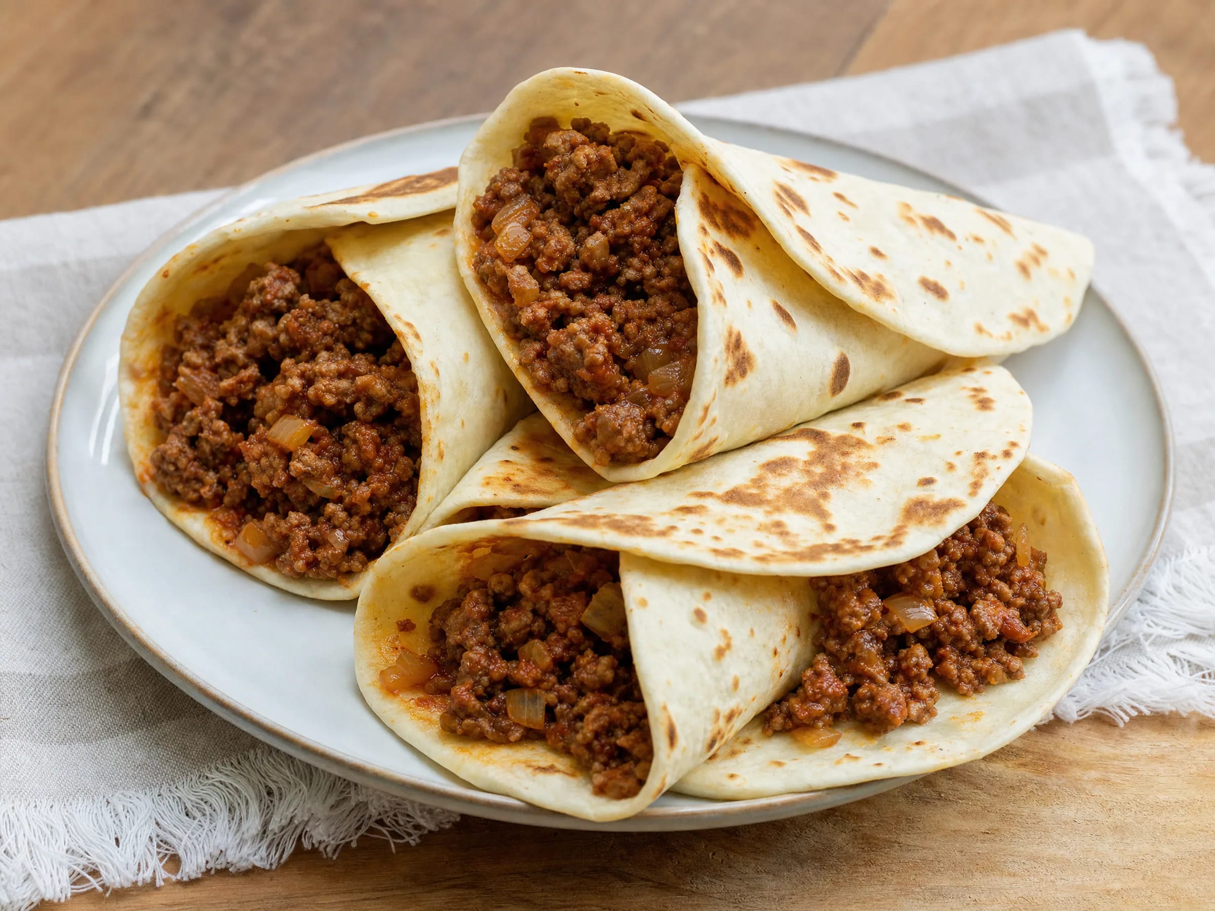 Wraps mit Hackfleisch – weiche Tortillas aus der Pfanne fertig angerichtet