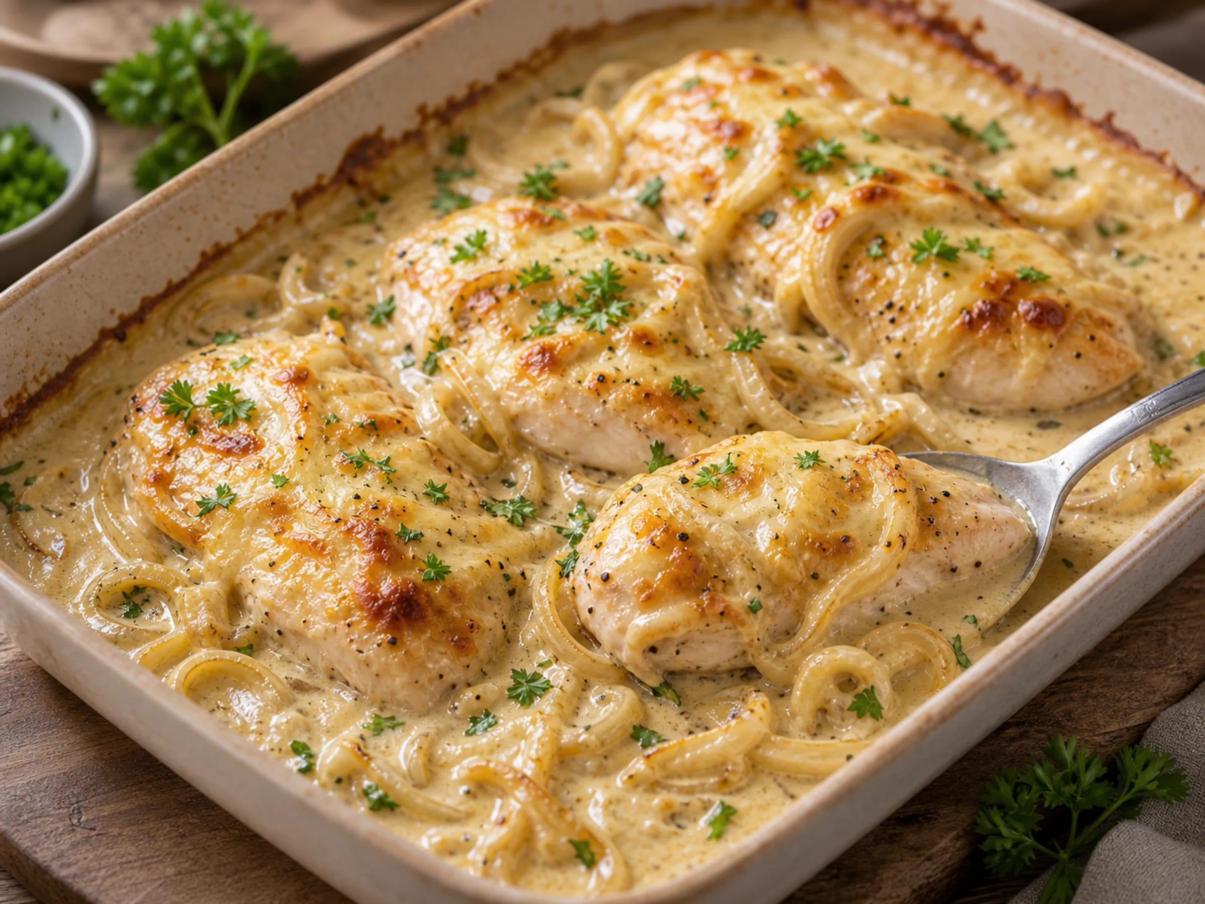Zwiebel-Sahne-Hähnchen mit cremiger Sauce, geschmorten Zwiebeln und goldbraunem Gouda