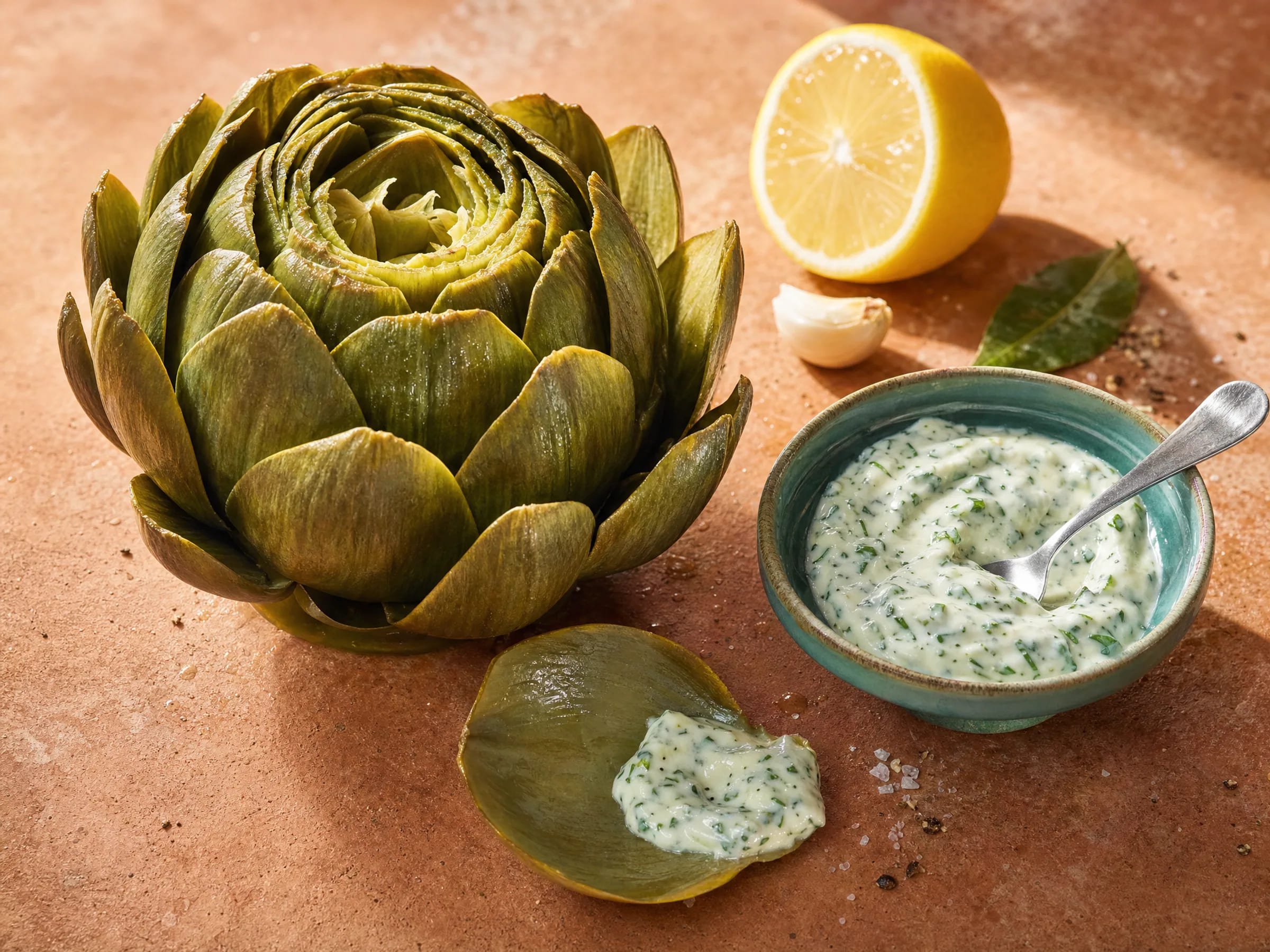 Frische Artischocken mit Zitronen-Kräuter-Dip Rezeptfoto Frische Artischocken mit Zitronen-Kräuter-Dip fertig angerichtet