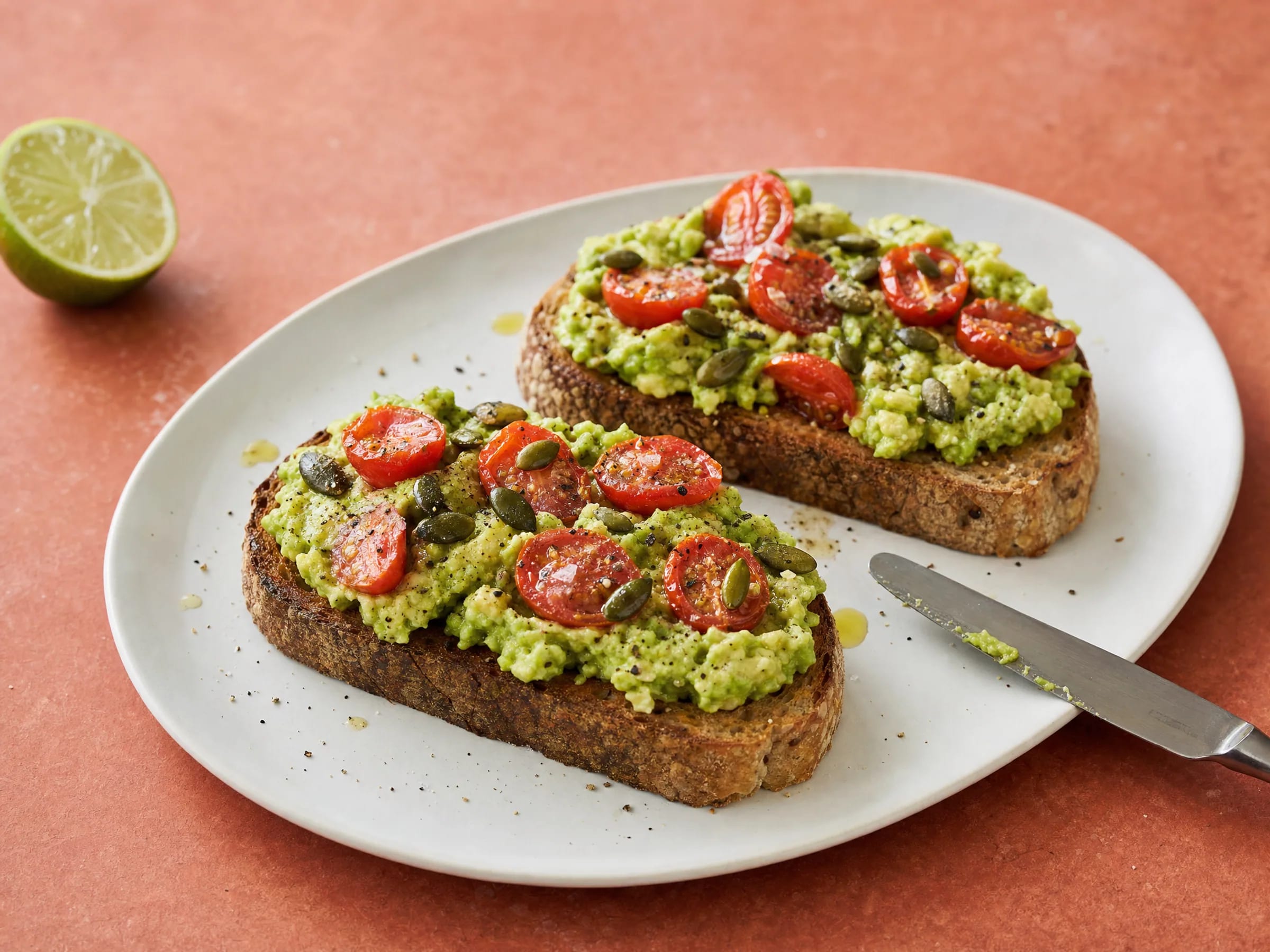 Avocado-Brot mit Limette und Tomaten, bestreut mit Kürbiskernen Rezeptfoto Avocado-Brot mit Limette und Tomaten, bestreut mit Kürbiskernen fertig angerichtet