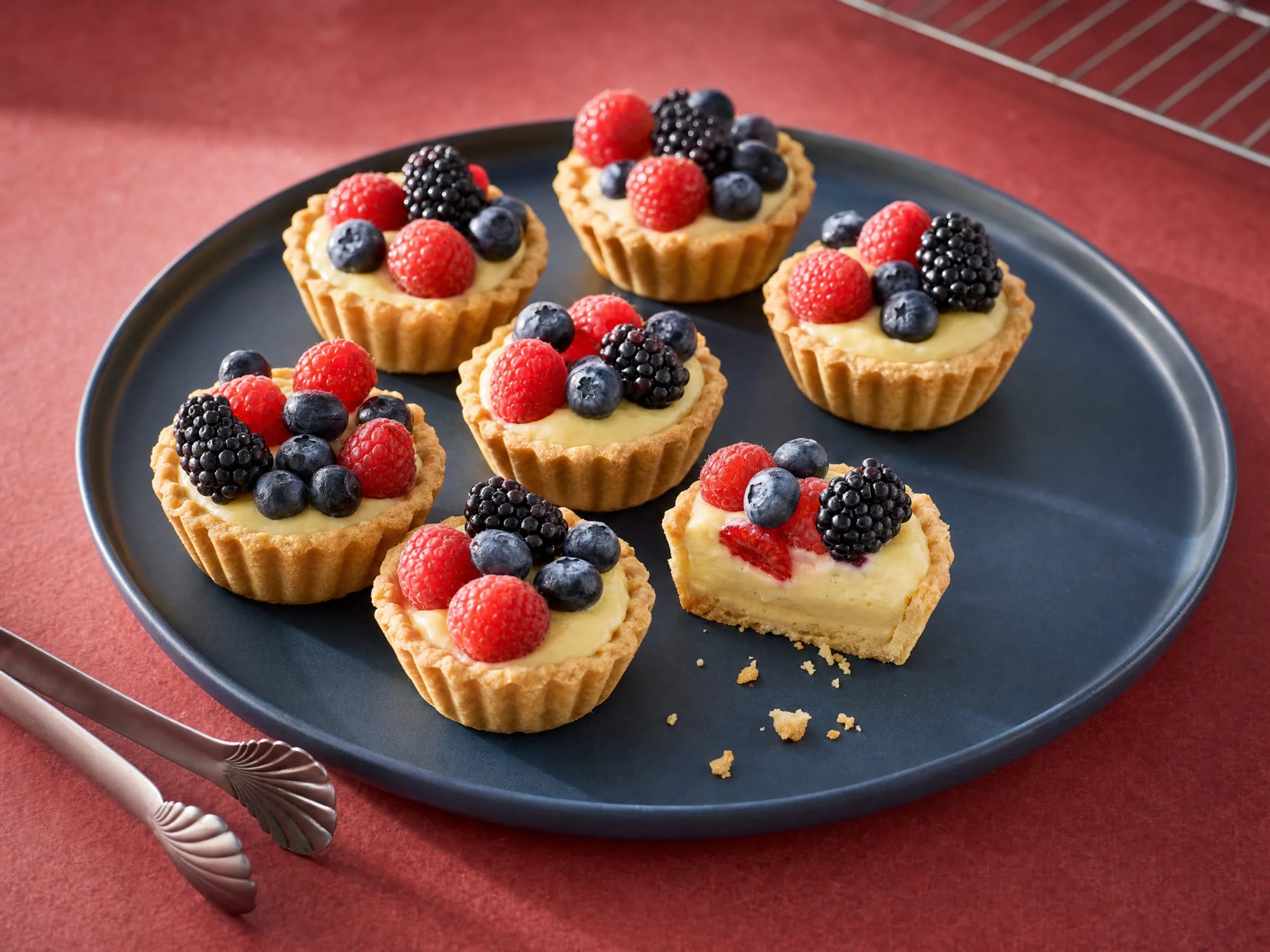Beeren-Tartelettes mit Vanillecreme und Mürbeteigschalen Rezeptfoto Beeren-Tartelettes mit Vanillecreme und Mürbeteigschalen fertig angerichtet