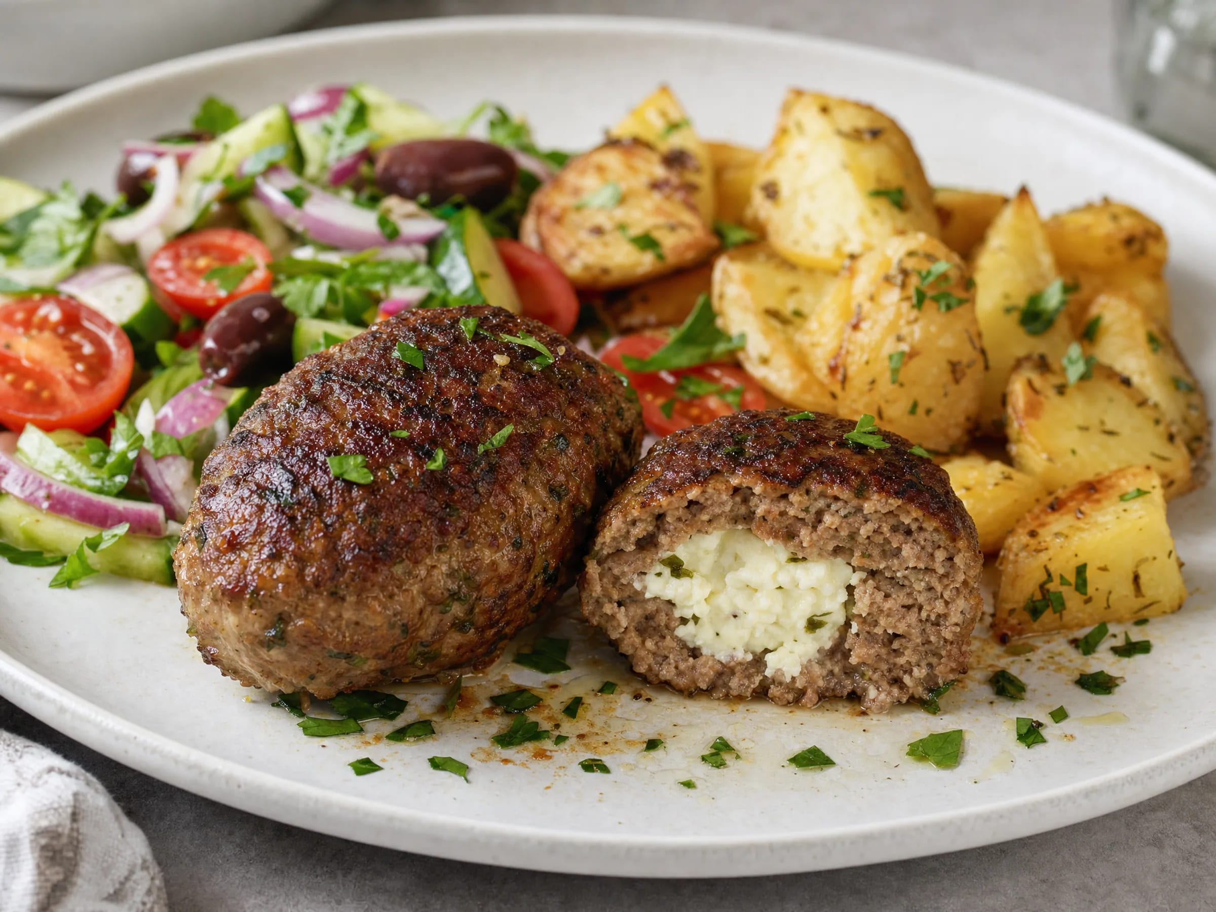 Bifteki mit Feta – saftig gebraten in der Pfanne Rezeptfoto Bifteki mit Feta – saftig gebraten in der Pfanne fertig angerichtet