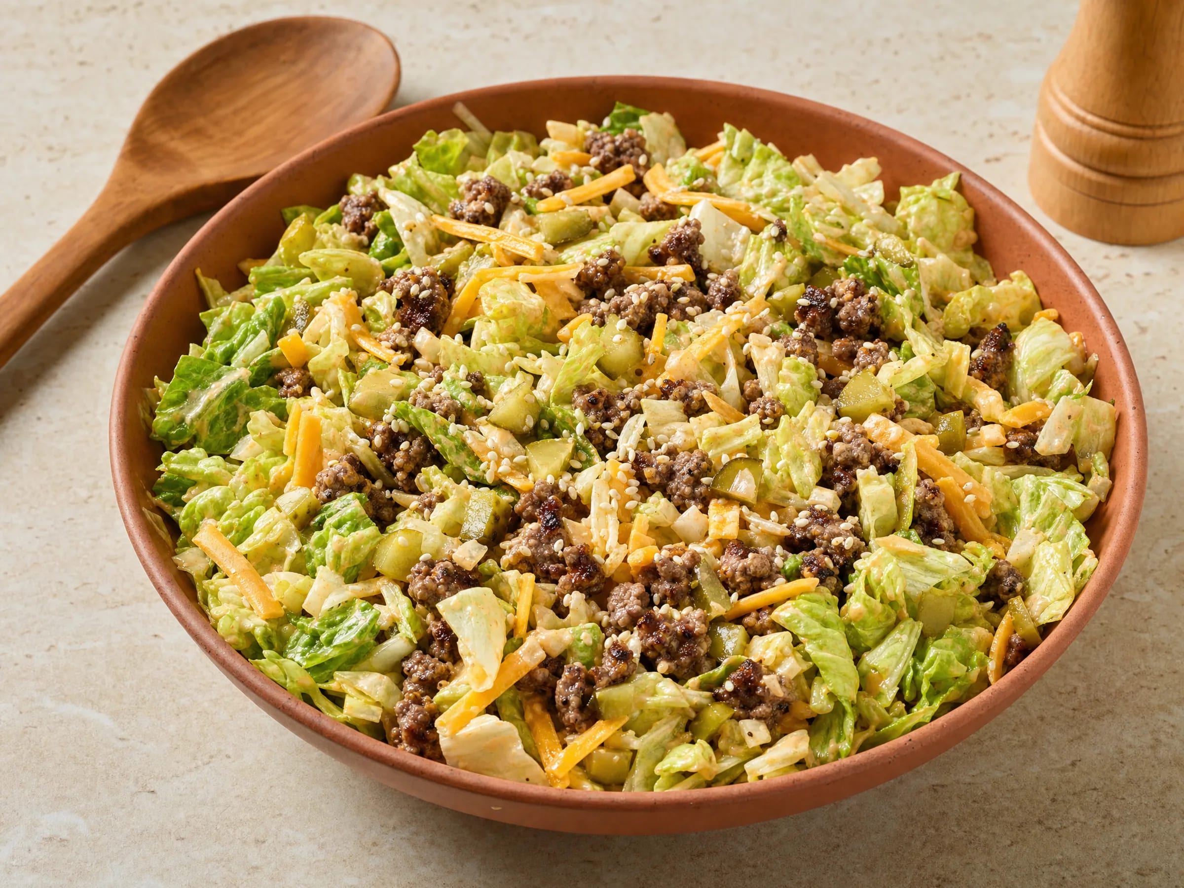 Big-Mac-Salat mit Rinderhack und Burger-Dressing Rezeptfoto Big-Mac-Salat mit Rinderhack und Burger-Dressing fertig angerichtet