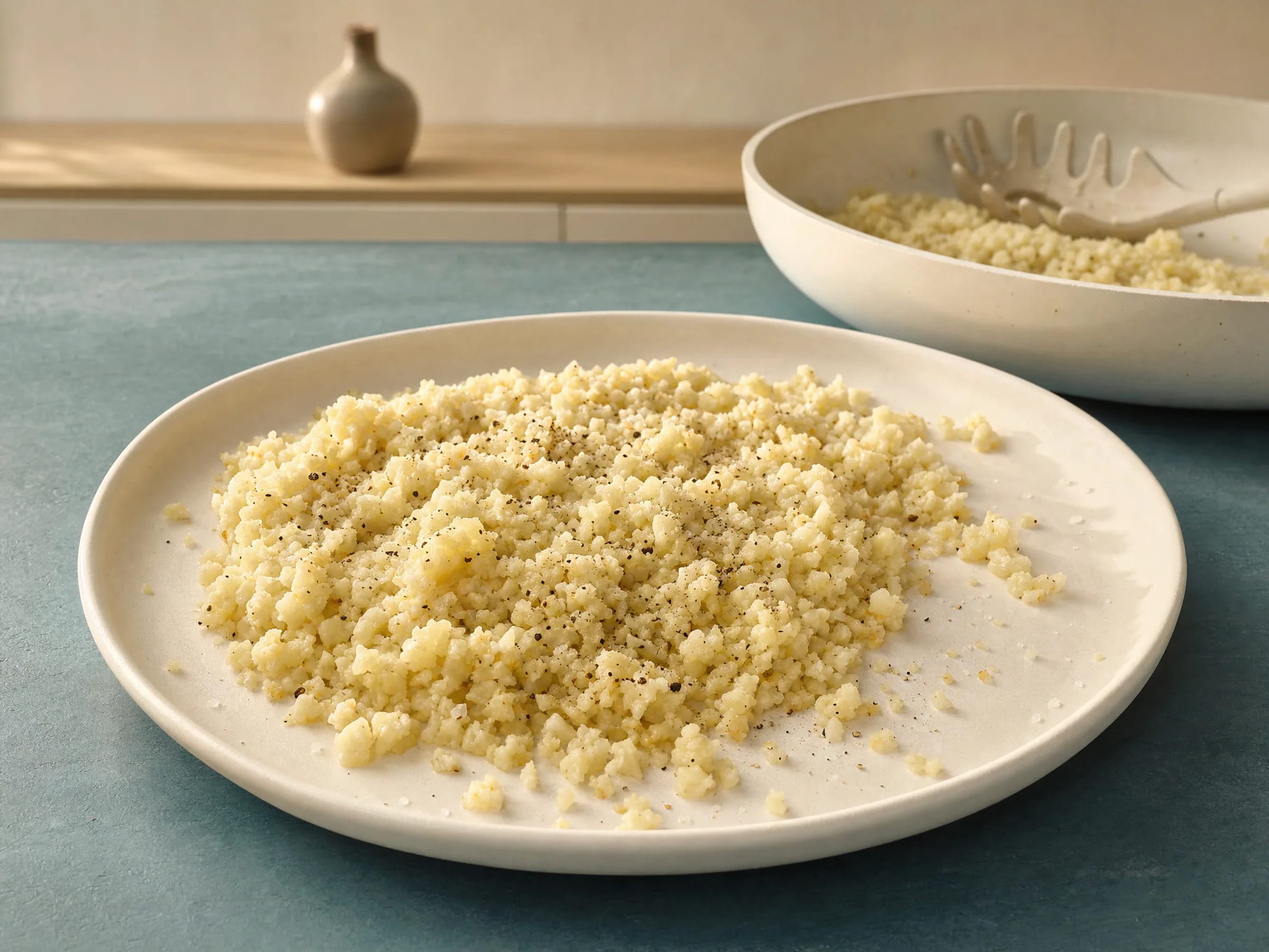 Blumenkohlreis selber machen – bissfest und nicht wässrig Rezeptfoto Blumenkohlreis selber machen – bissfest und nicht wässrig fertig angerichtet