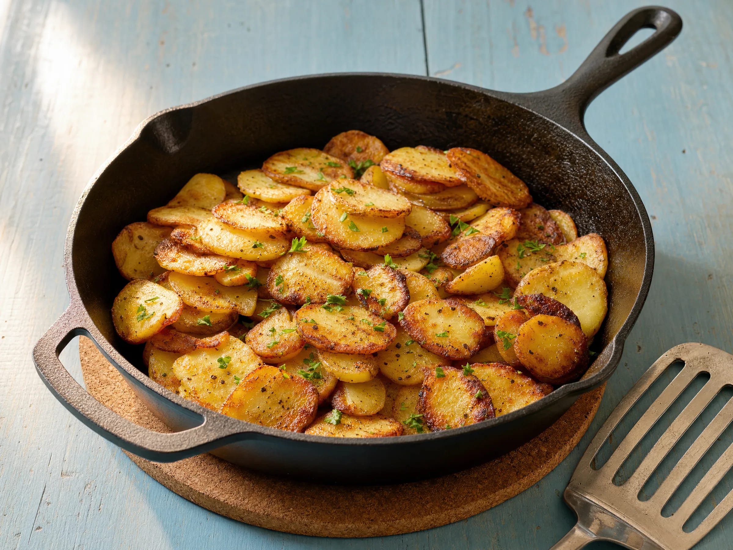 Bratkartoffeln aus rohen Kartoffeln – knusprig aus der Pfanne Rezeptfoto Bratkartoffeln aus rohen Kartoffeln – knusprig aus der Pfanne fertig angerichtet