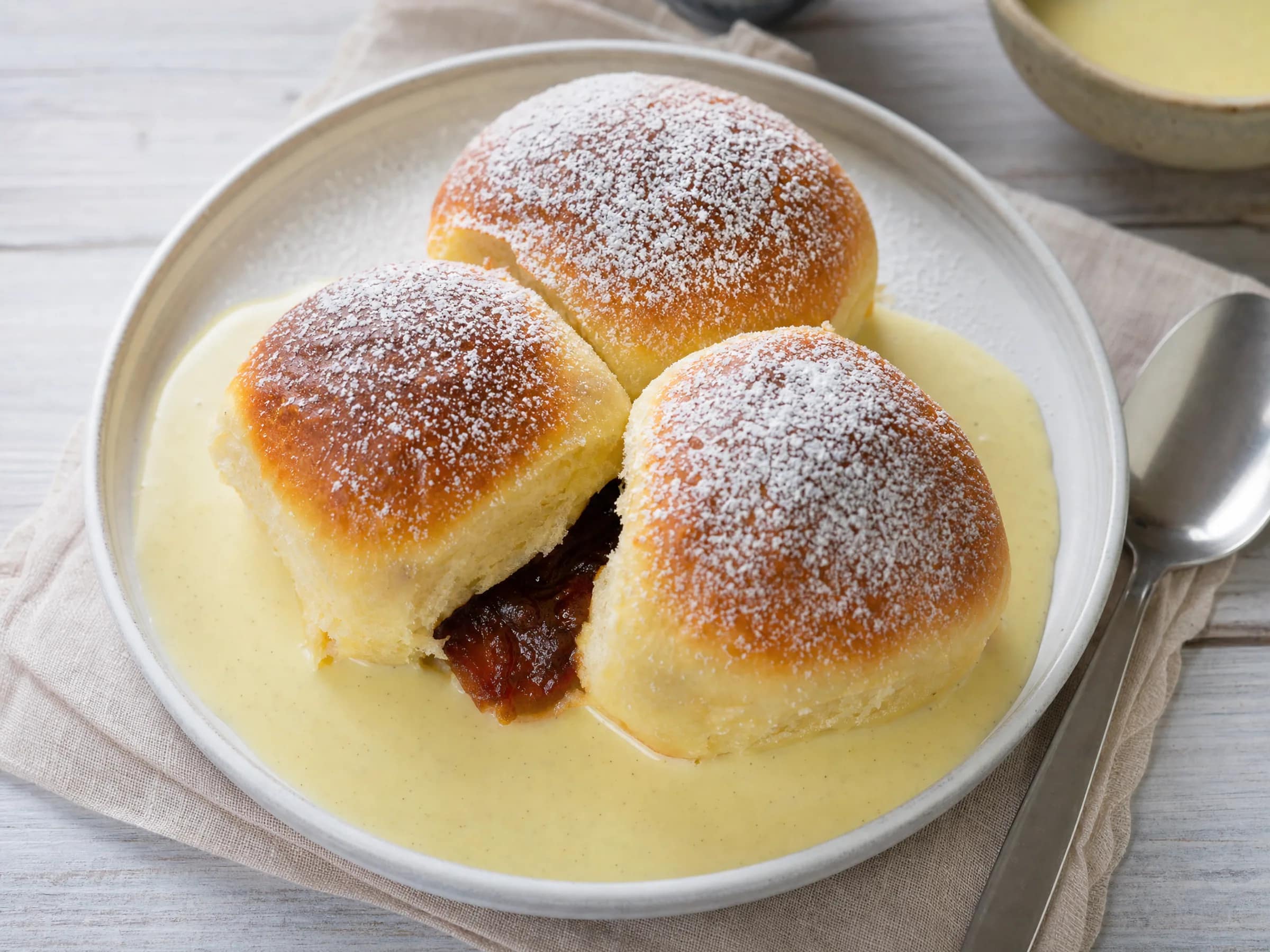 Buchteln mit Pflaumenmus und Vanillesauce – fluffig aus dem Ofen